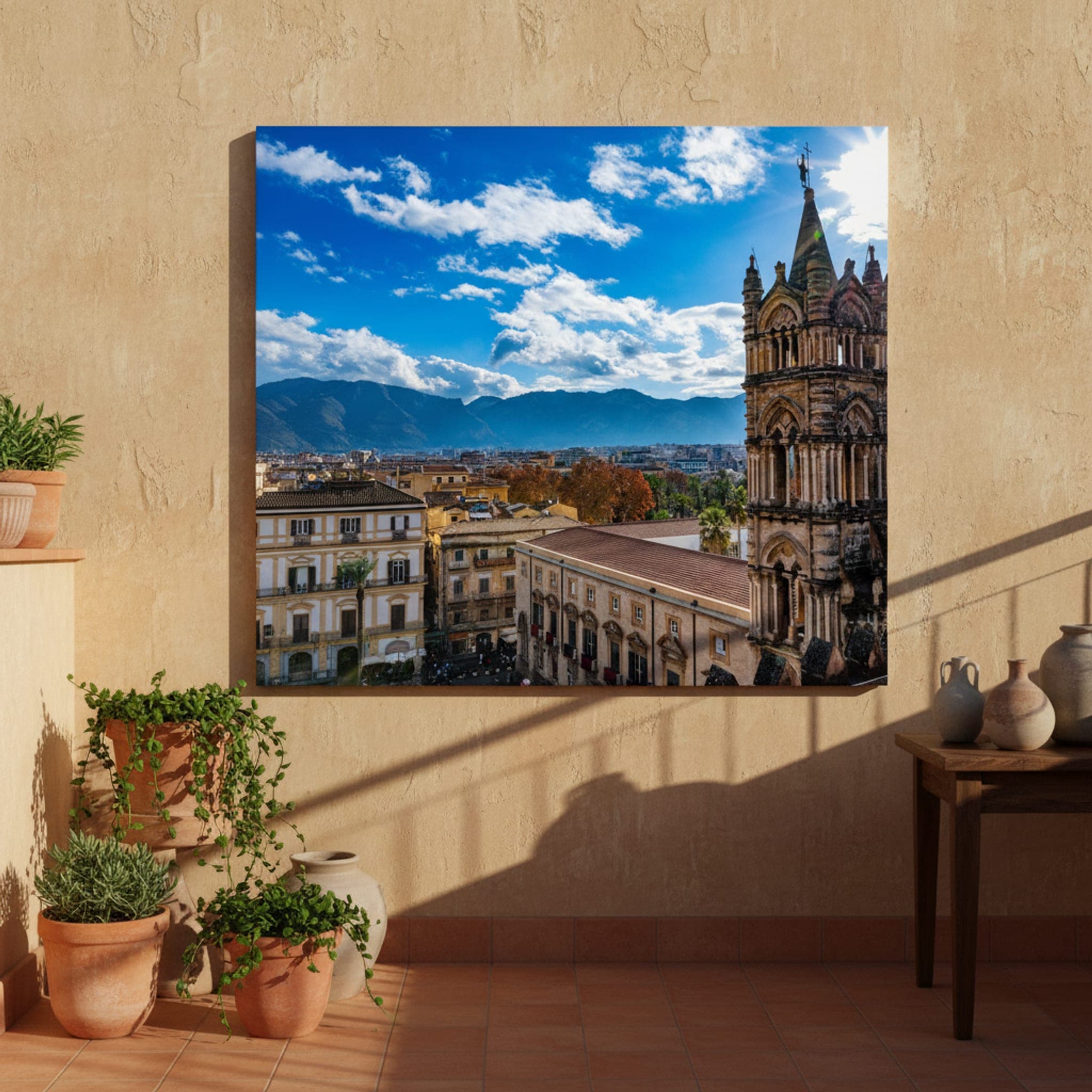 Palermo's Sunlit Spire shown as a canvas print in a styled interior, view 2 of 3
