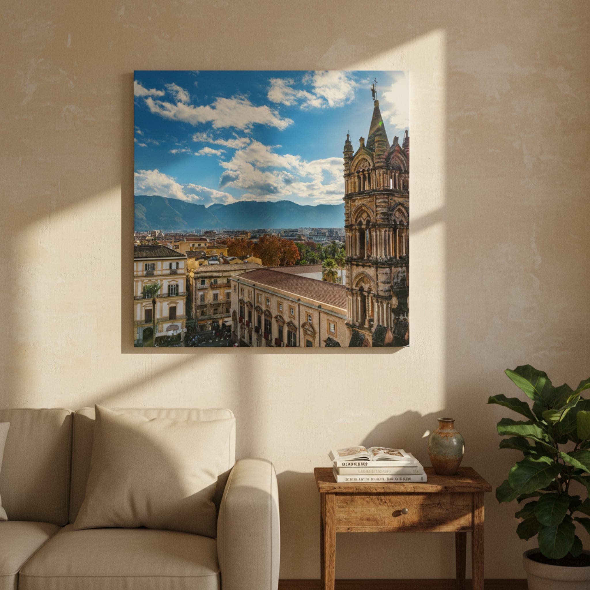 Palermo's Sunlit Spire shown as a canvas print in a styled interior, view 1 of 3