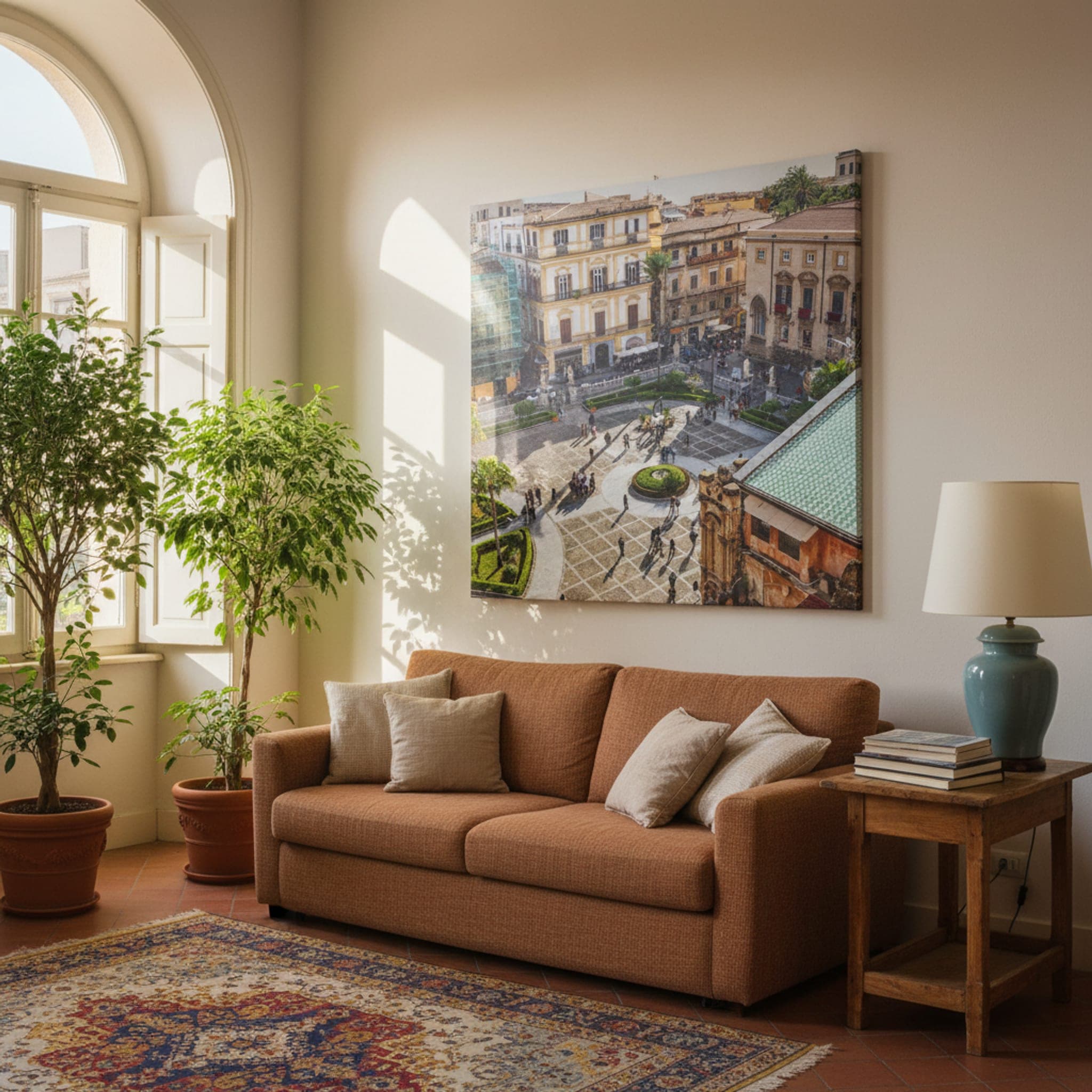 Palermo's Sunlit Piazza shown as a canvas print in a styled interior, view 1 of 3