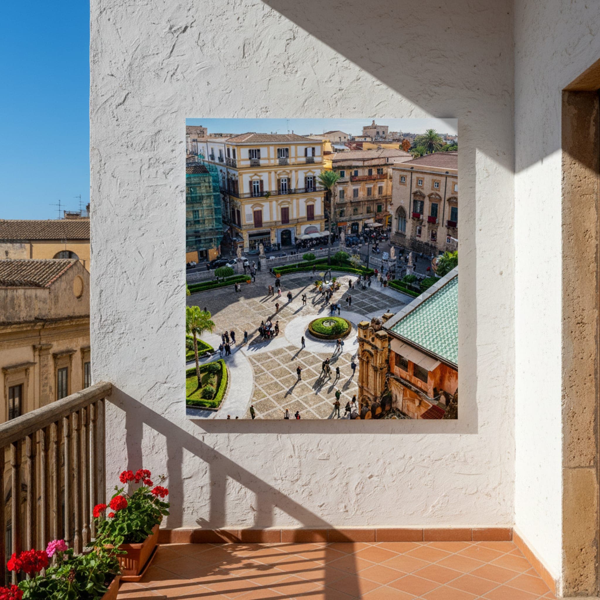 Palermo's Sunlit Piazza shown as a canvas print in a styled interior, view 2 of 3