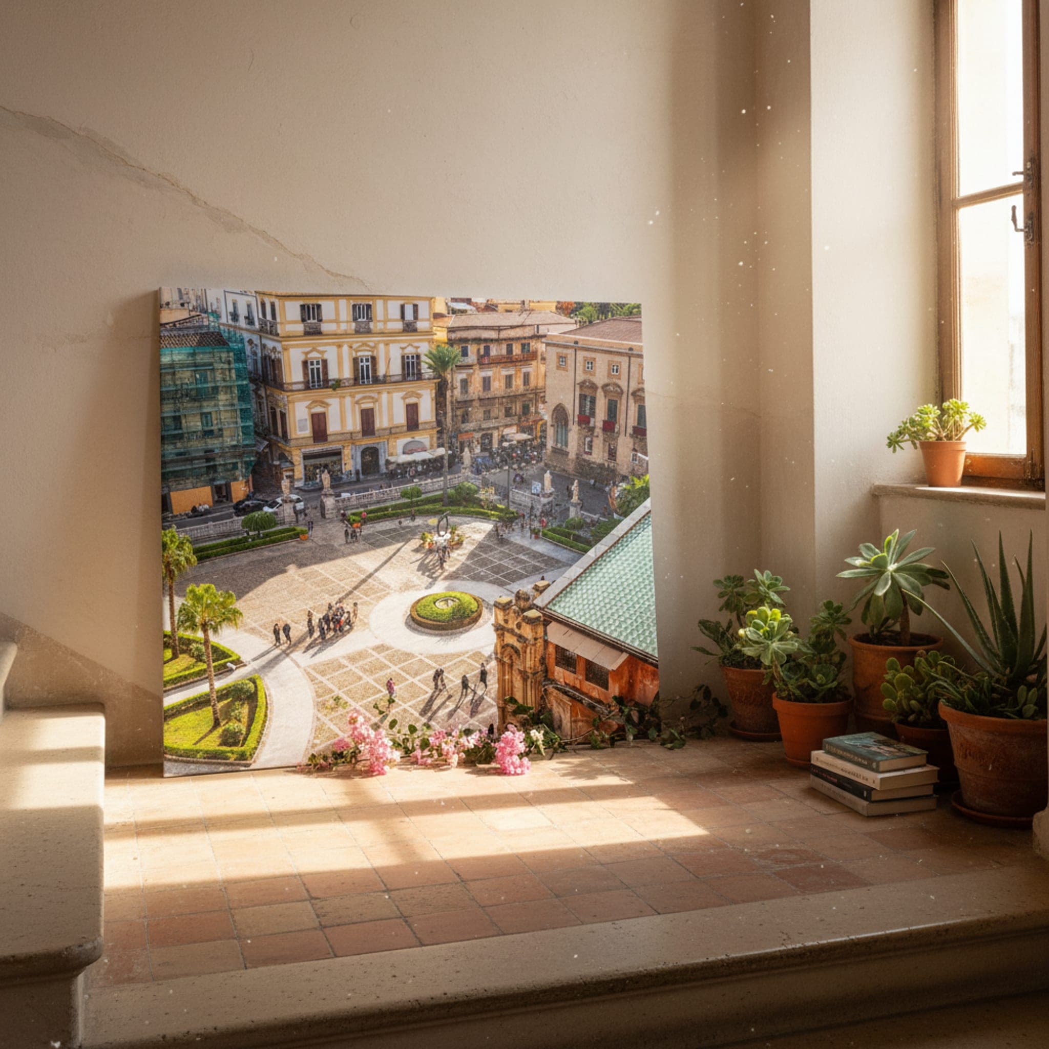 Palermo's Sunlit Piazza shown as a canvas print in a styled interior, view 3 of 3