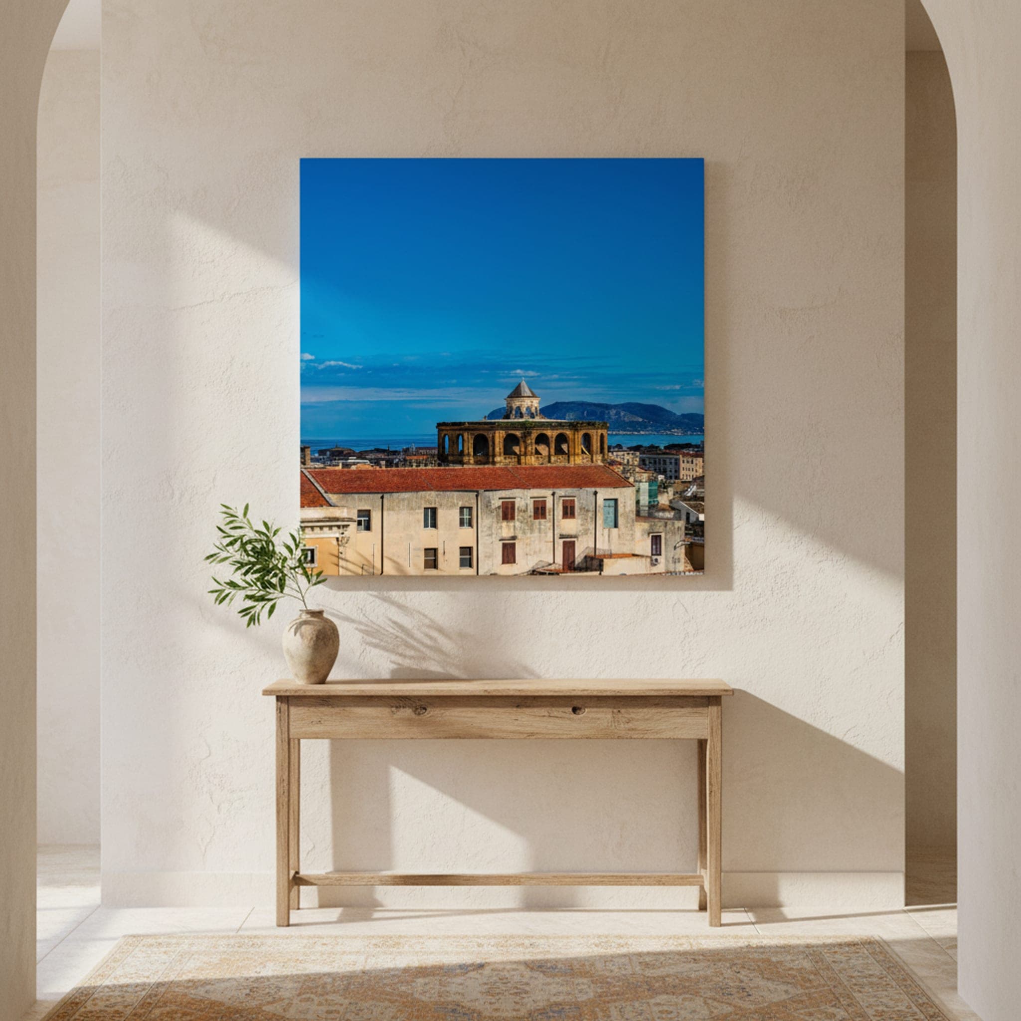 Palermo's Azure Panorama shown as a canvas print in a styled interior, view 1 of 3