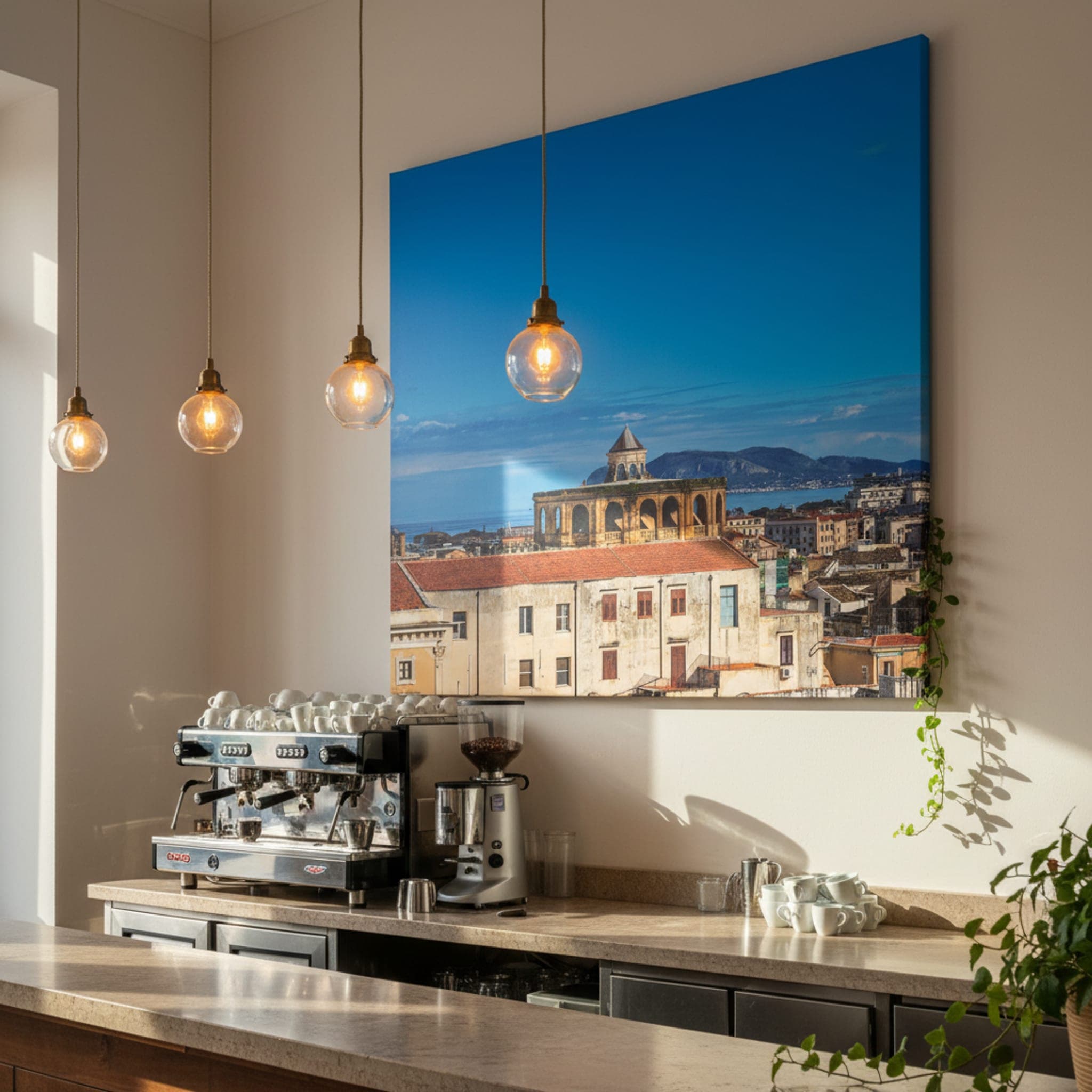 Palermo's Azure Panorama shown as a canvas print in a styled interior, view 3 of 3