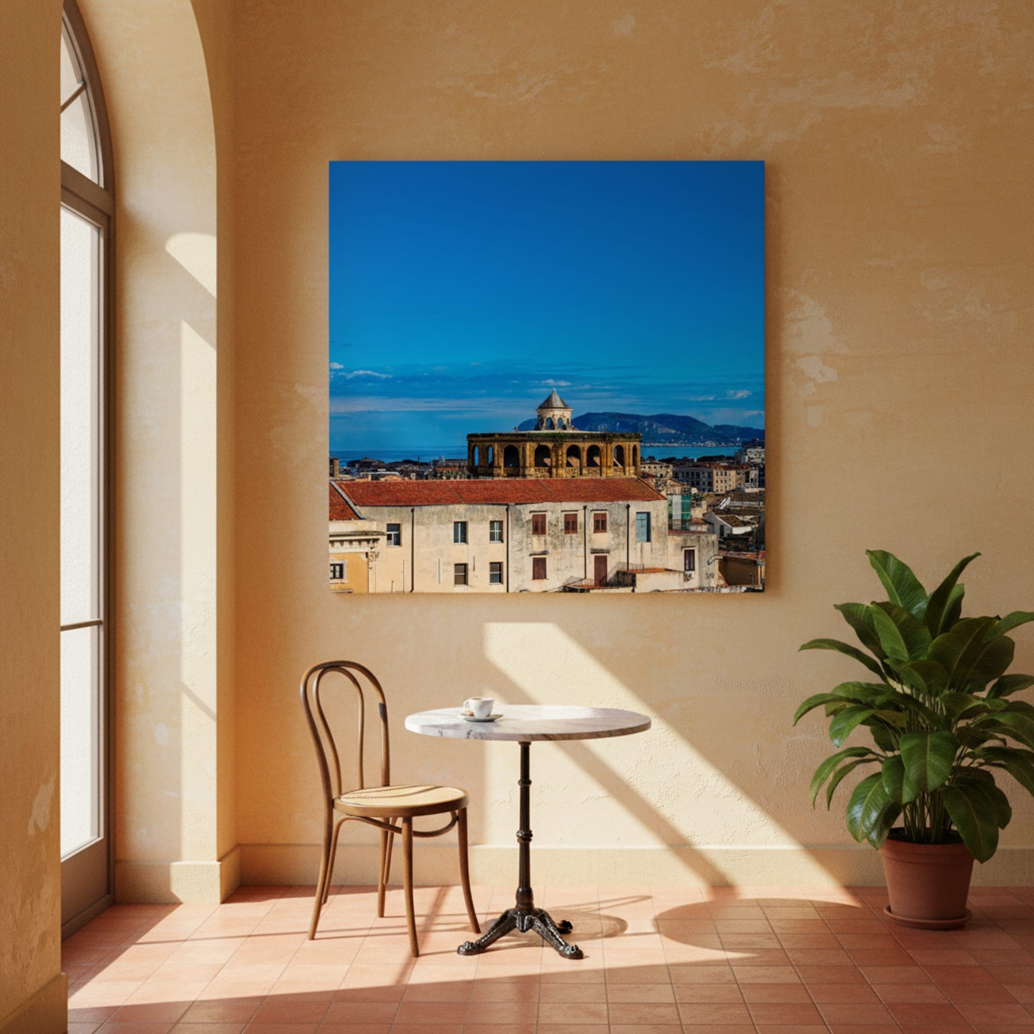 Palermo's Azure Panorama shown as a canvas print in a styled interior, view 2 of 3