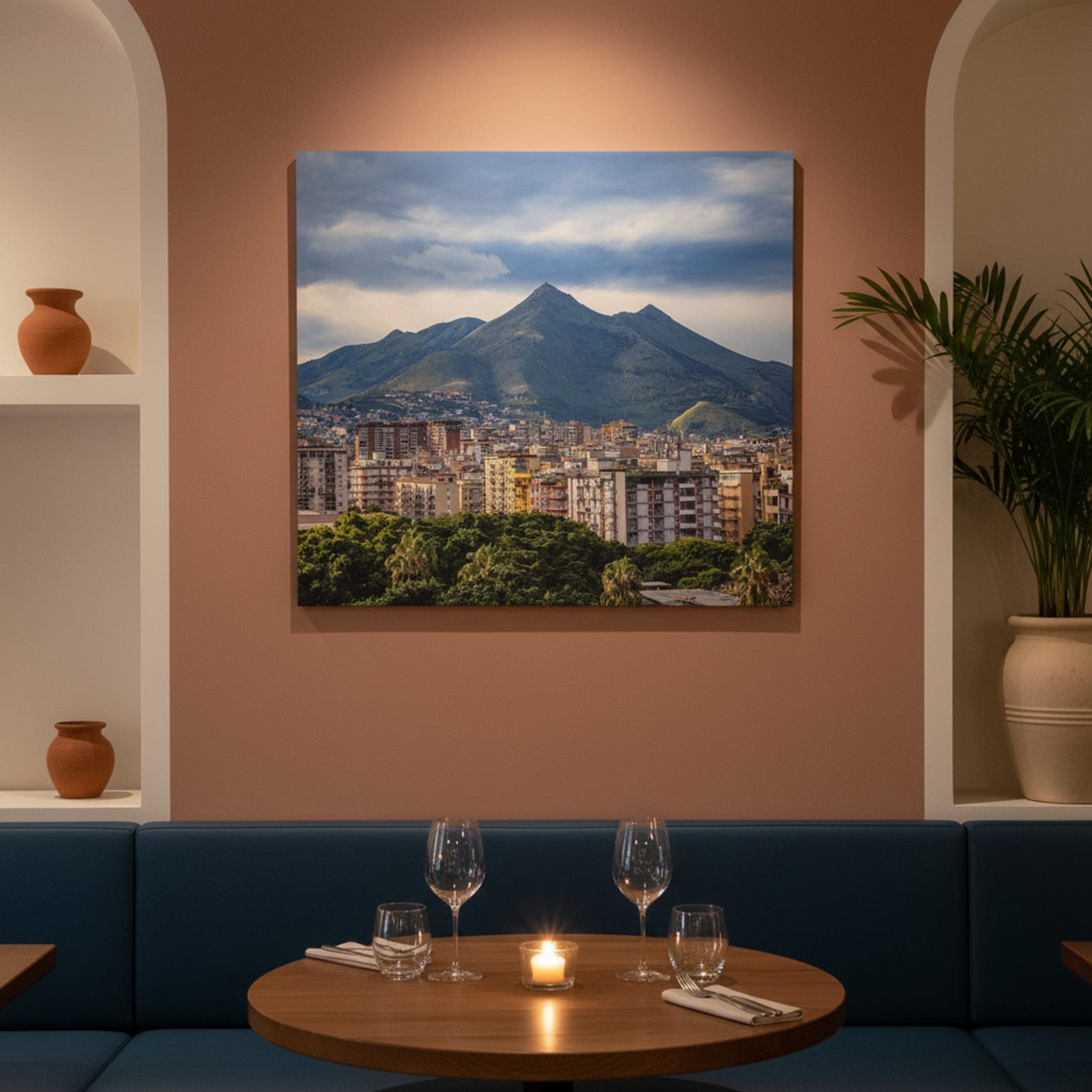 Palermo's Mountain Embrace shown as a canvas print in a styled interior, view 3 of 3