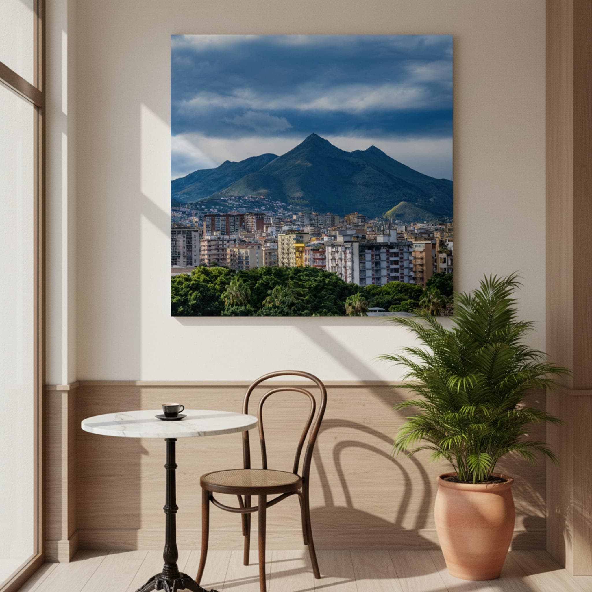 Palermo's Mountain Embrace shown as a canvas print in a styled interior, view 1 of 3