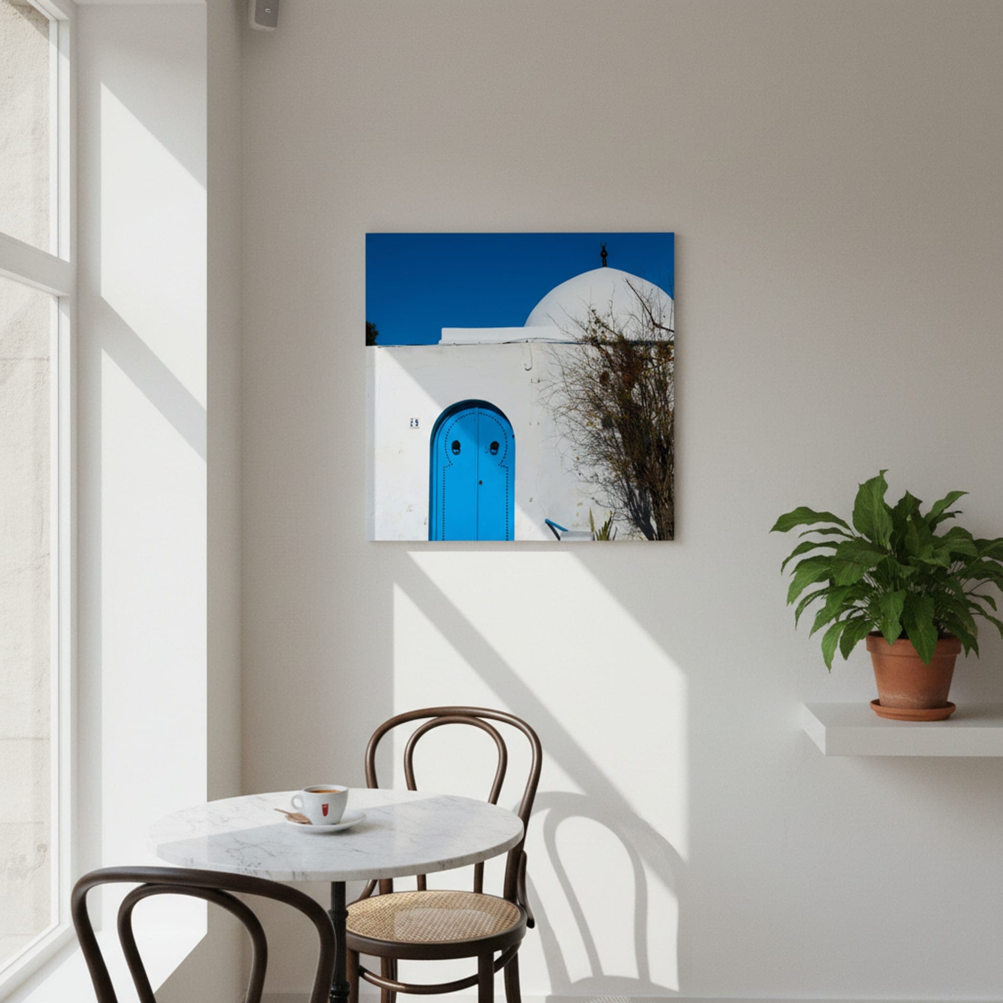 Tunis Blue Door shown as a canvas print in a styled interior, view 1 of 3