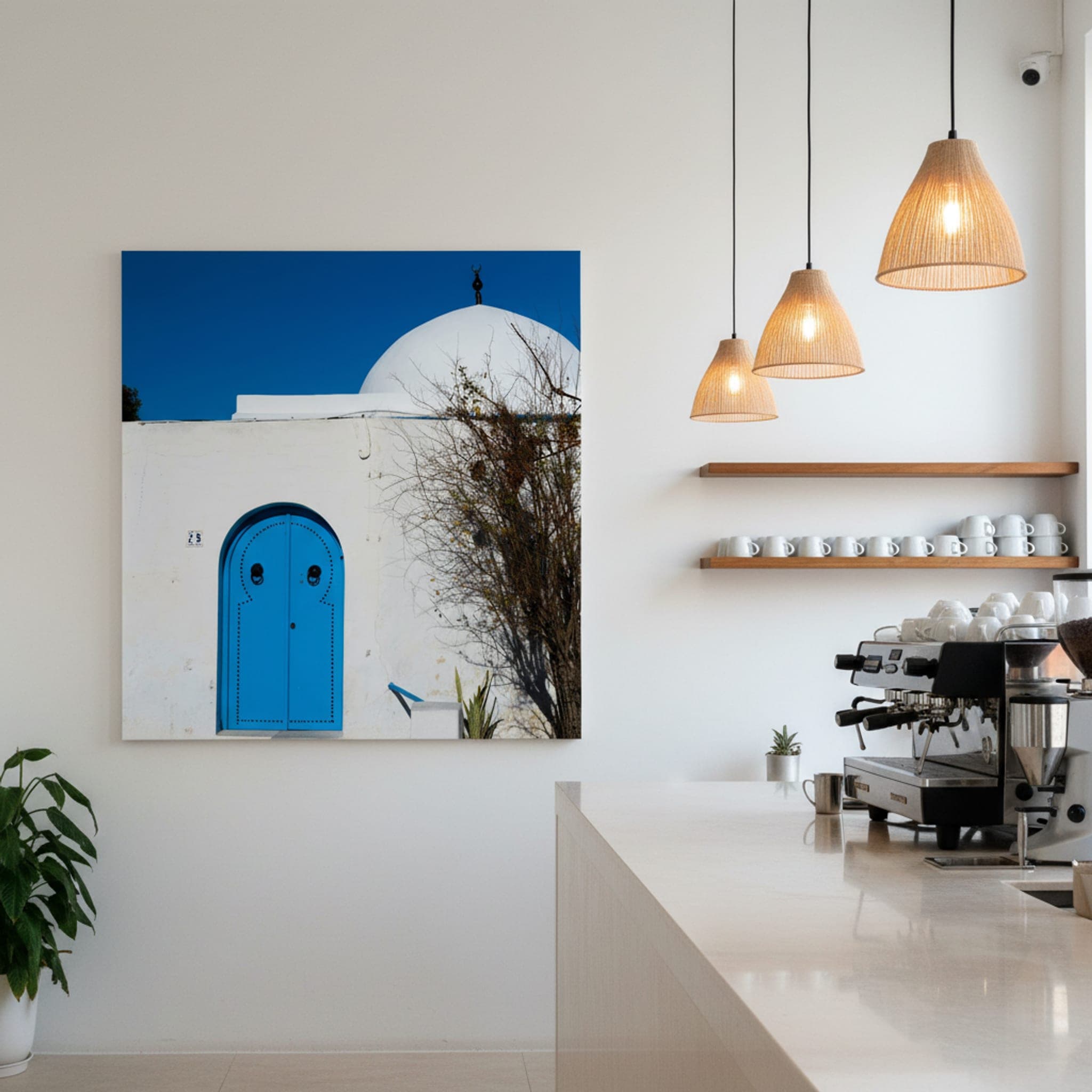 Tunis Blue Door shown as a canvas print in a styled interior, view 2 of 3
