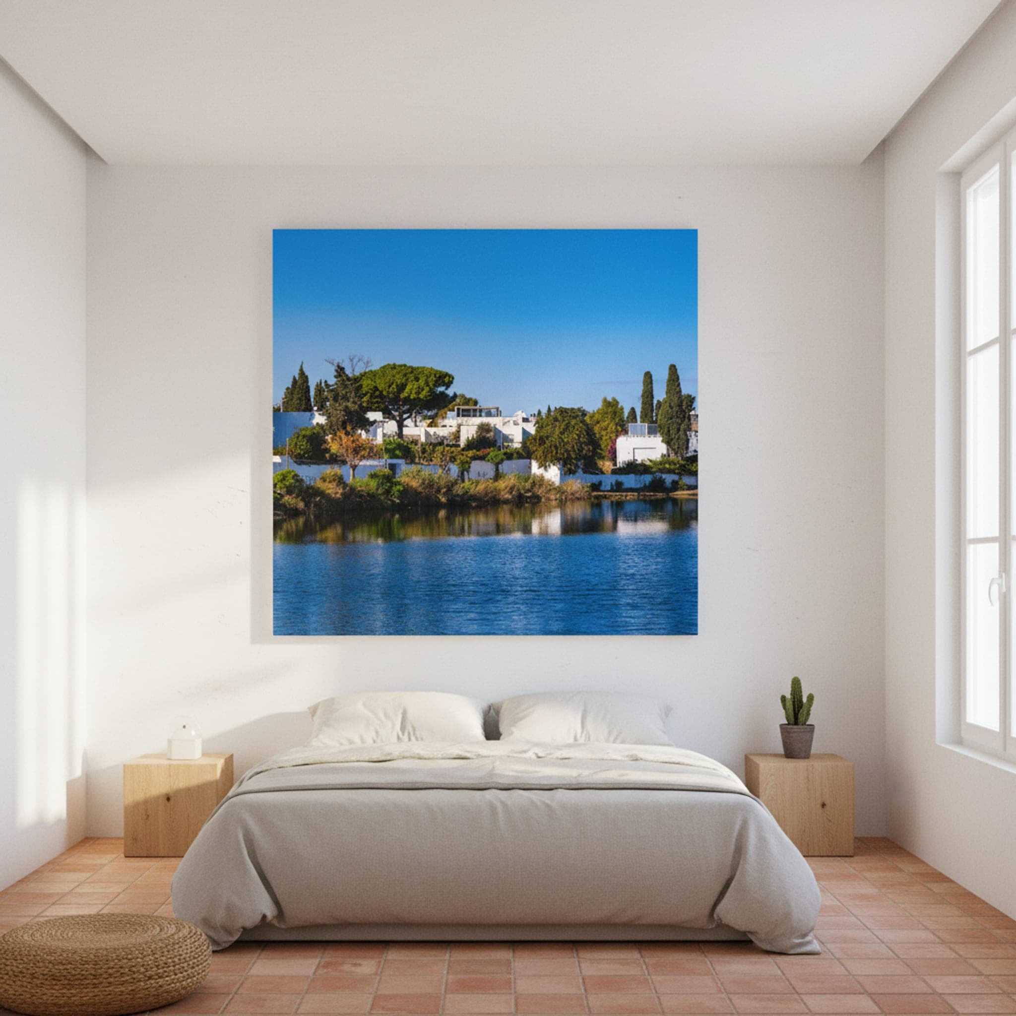 White Villas by the Water shown as a canvas print in a styled interior, view 1 of 3