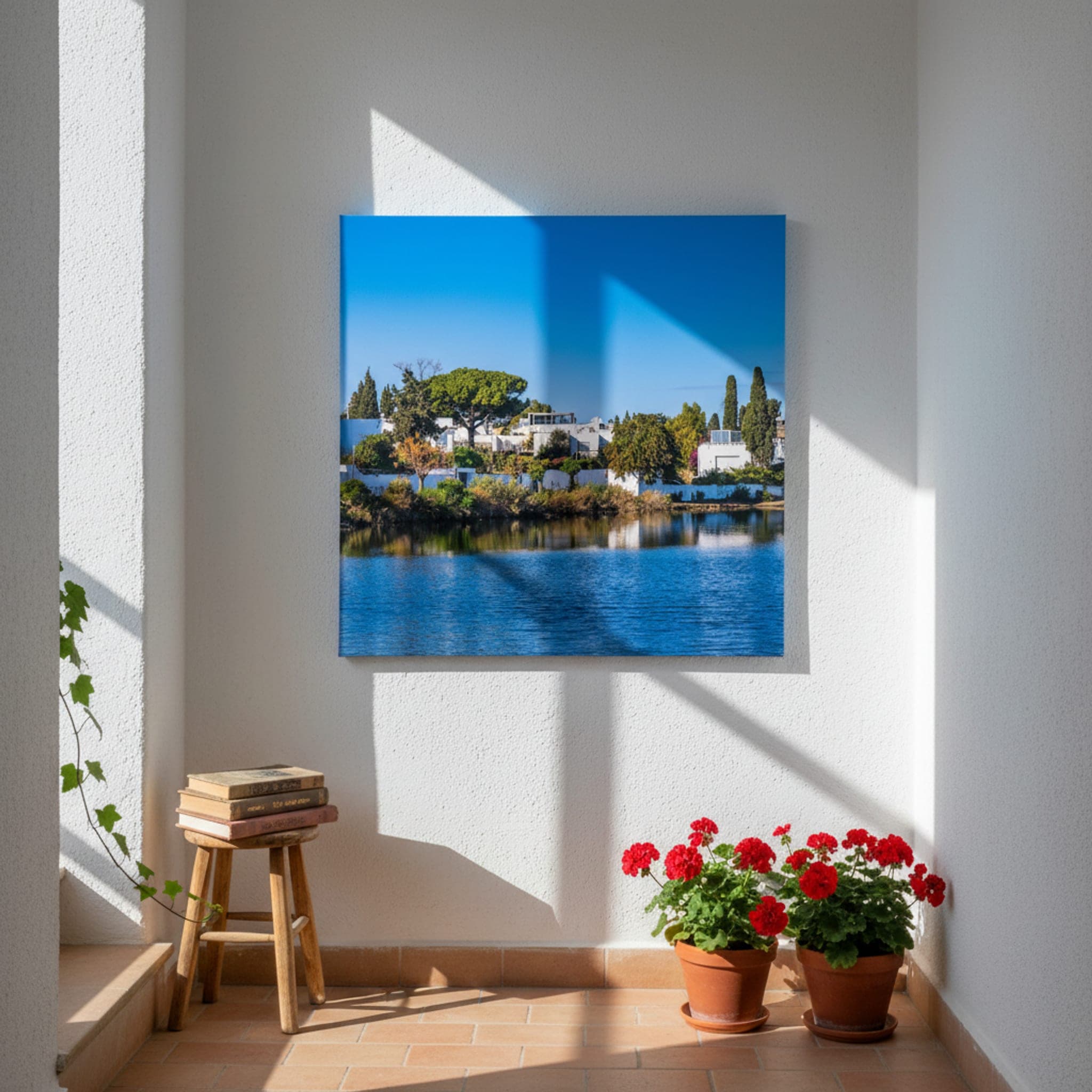 White Villas by the Water shown as a canvas print in a styled interior, view 2 of 3