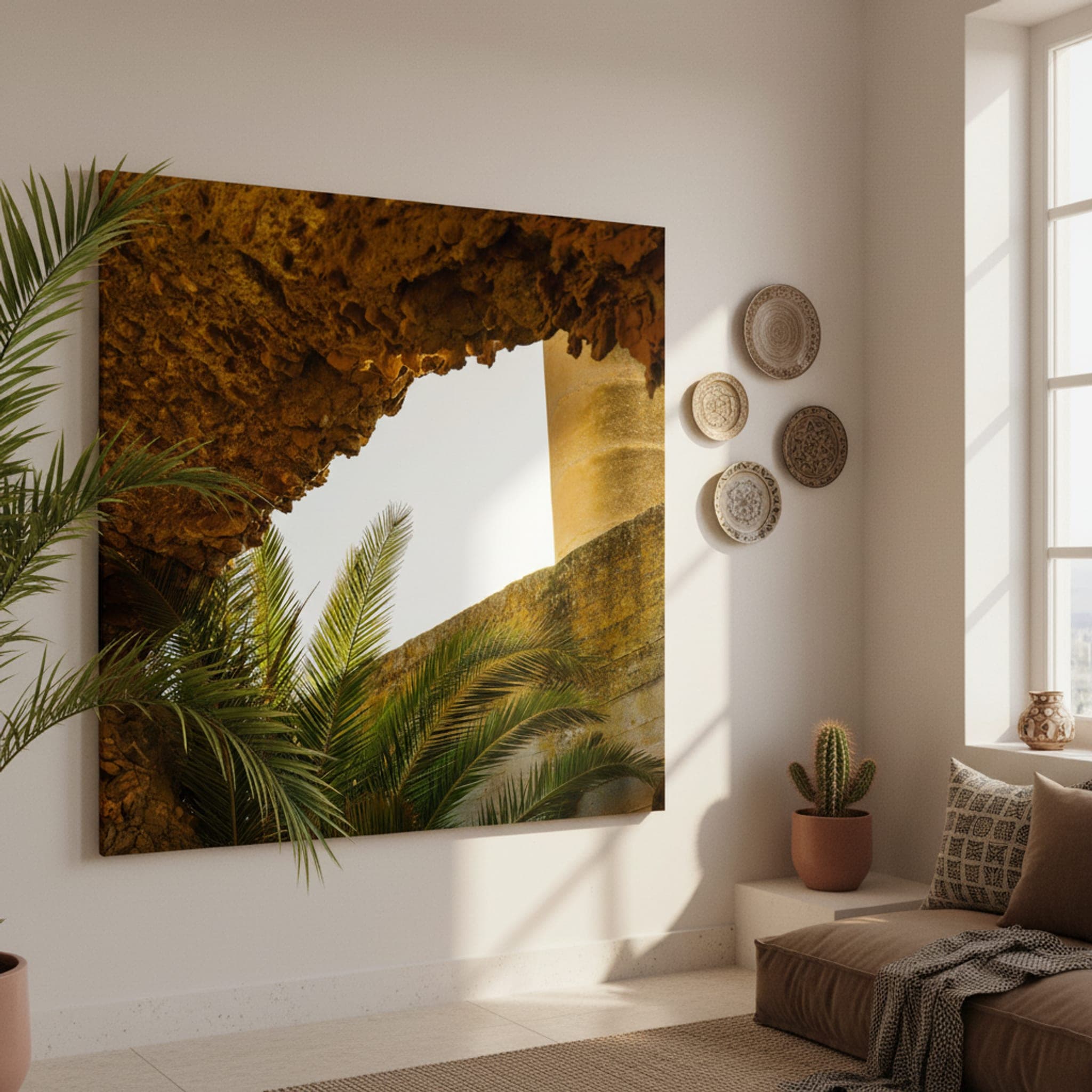 Tunisian Sunlit Arch shown as a canvas print in a styled interior, view 1 of 3