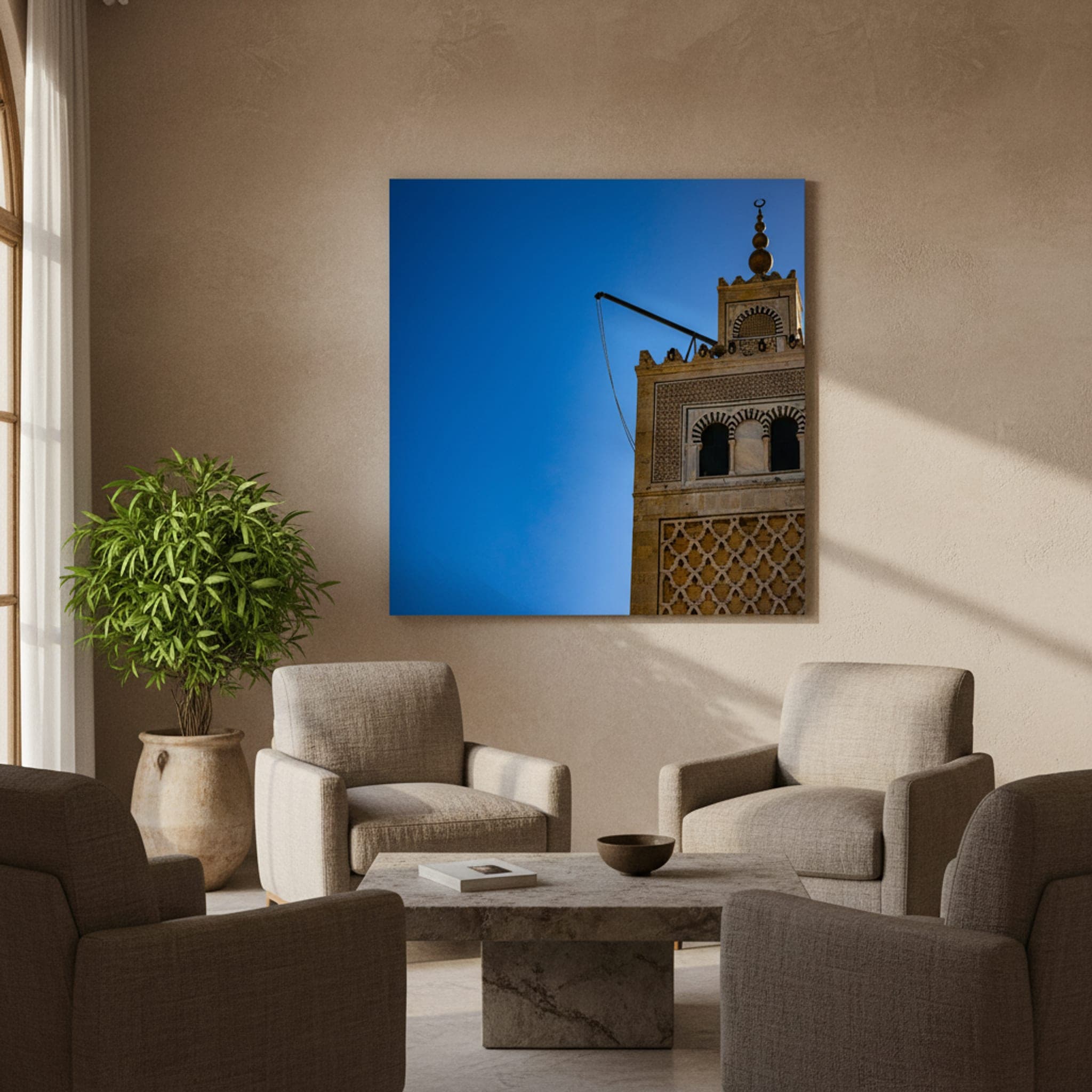 Tunis Minaret Ascendant shown as a canvas print in a styled interior, view 1 of 3
