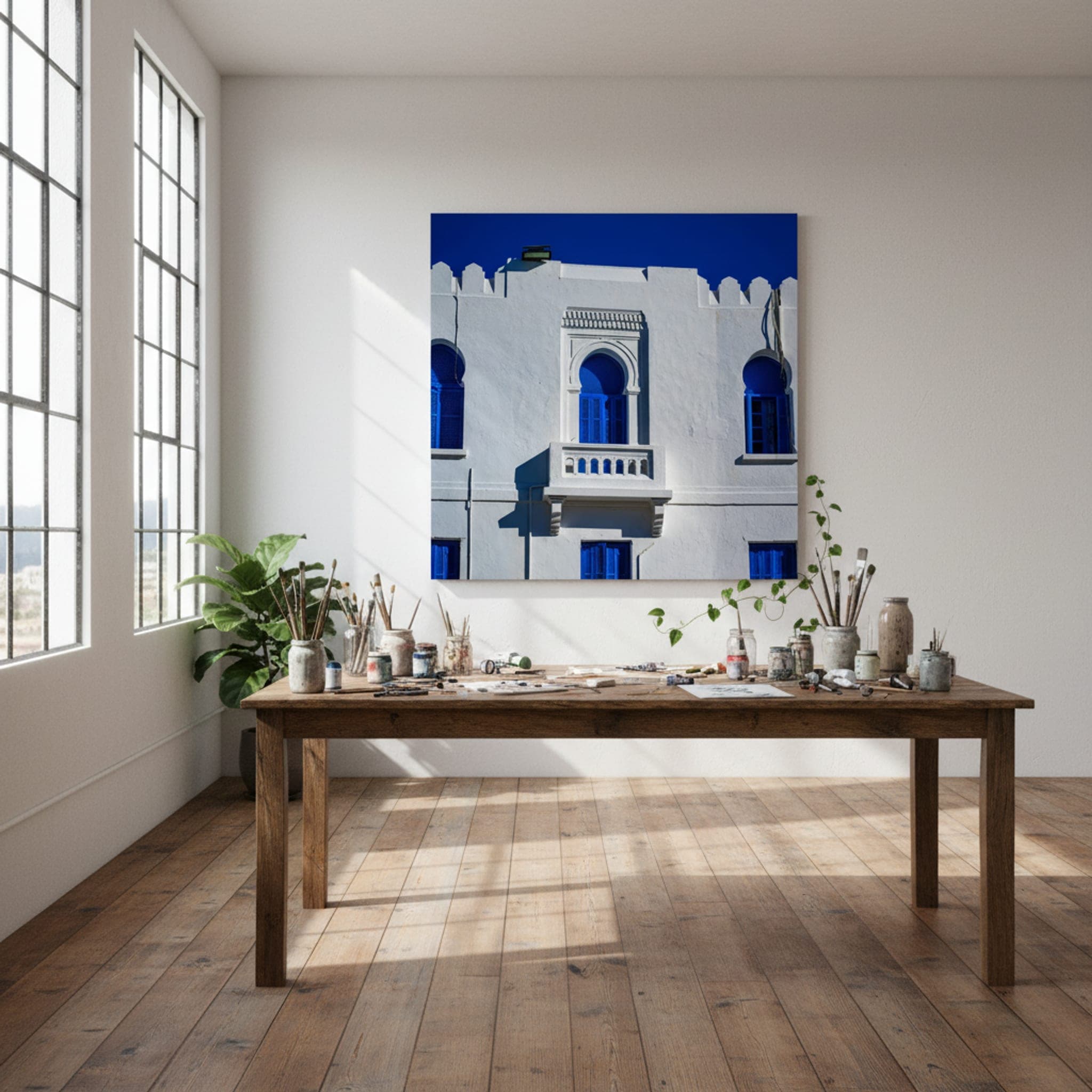 Tunis Blue Shutters shown as a canvas print in a styled interior, view 1 of 3