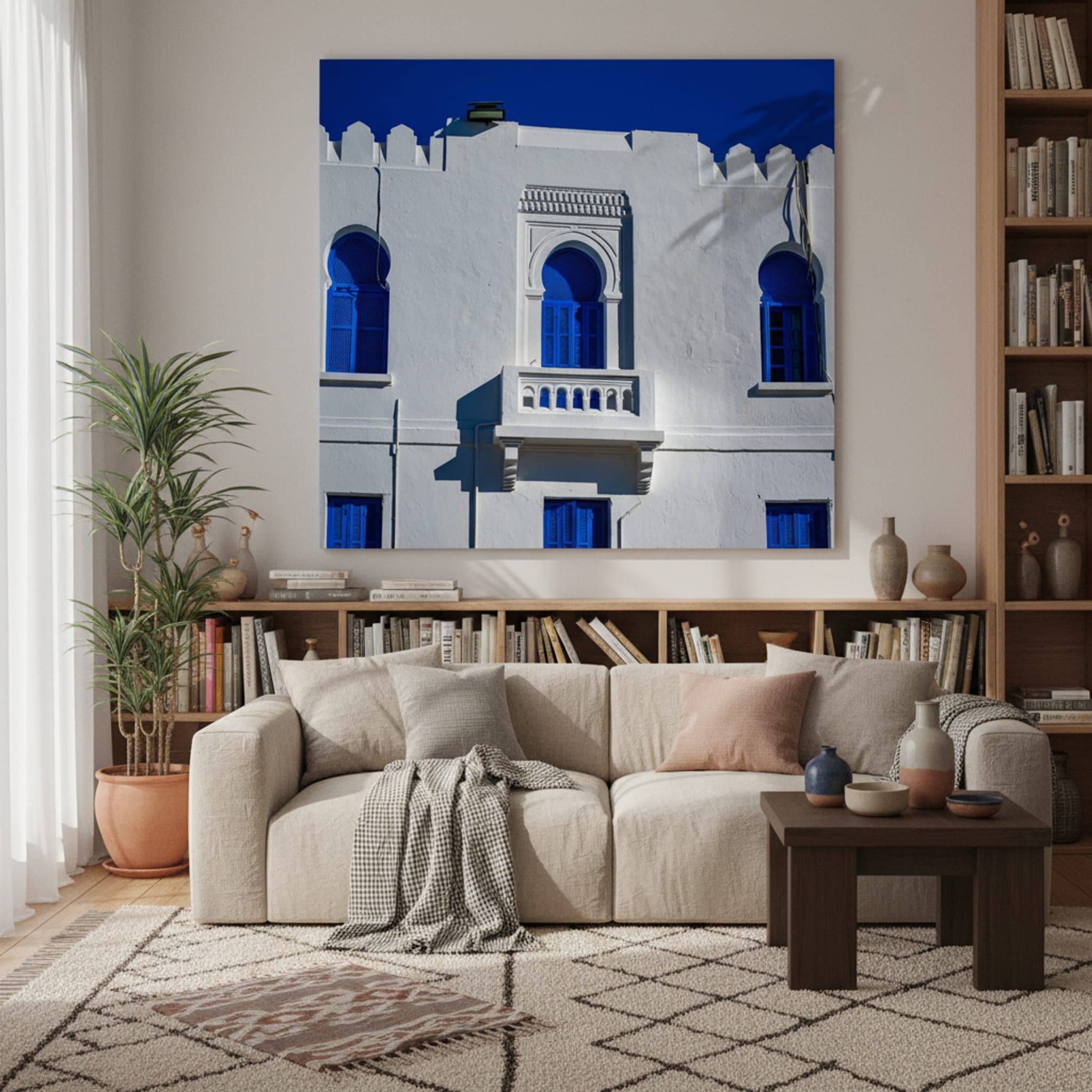 Tunis Blue Shutters shown as a canvas print in a styled interior, view 2 of 3