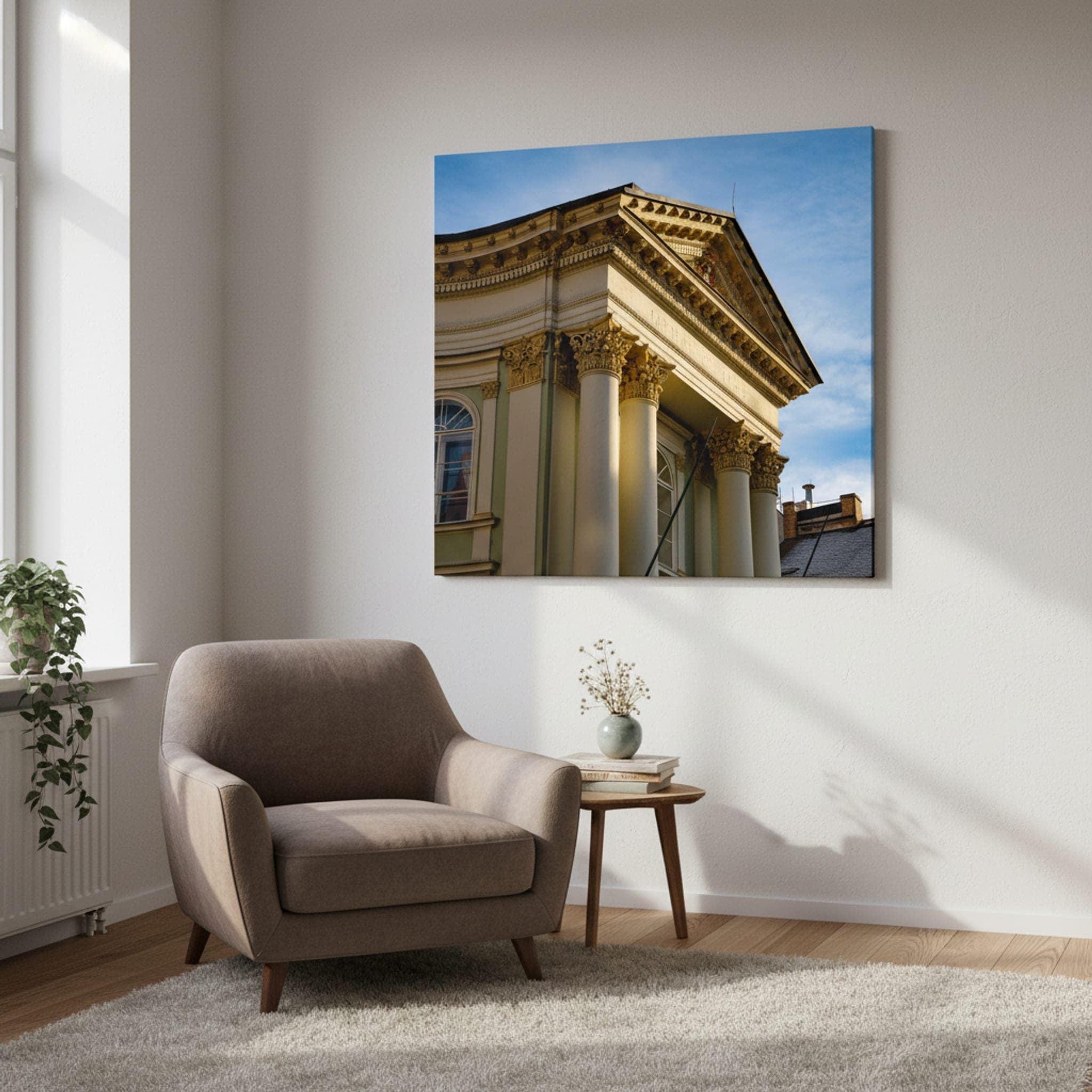 Prague's Golden Columns shown as a canvas print in a styled interior, view 1 of 3