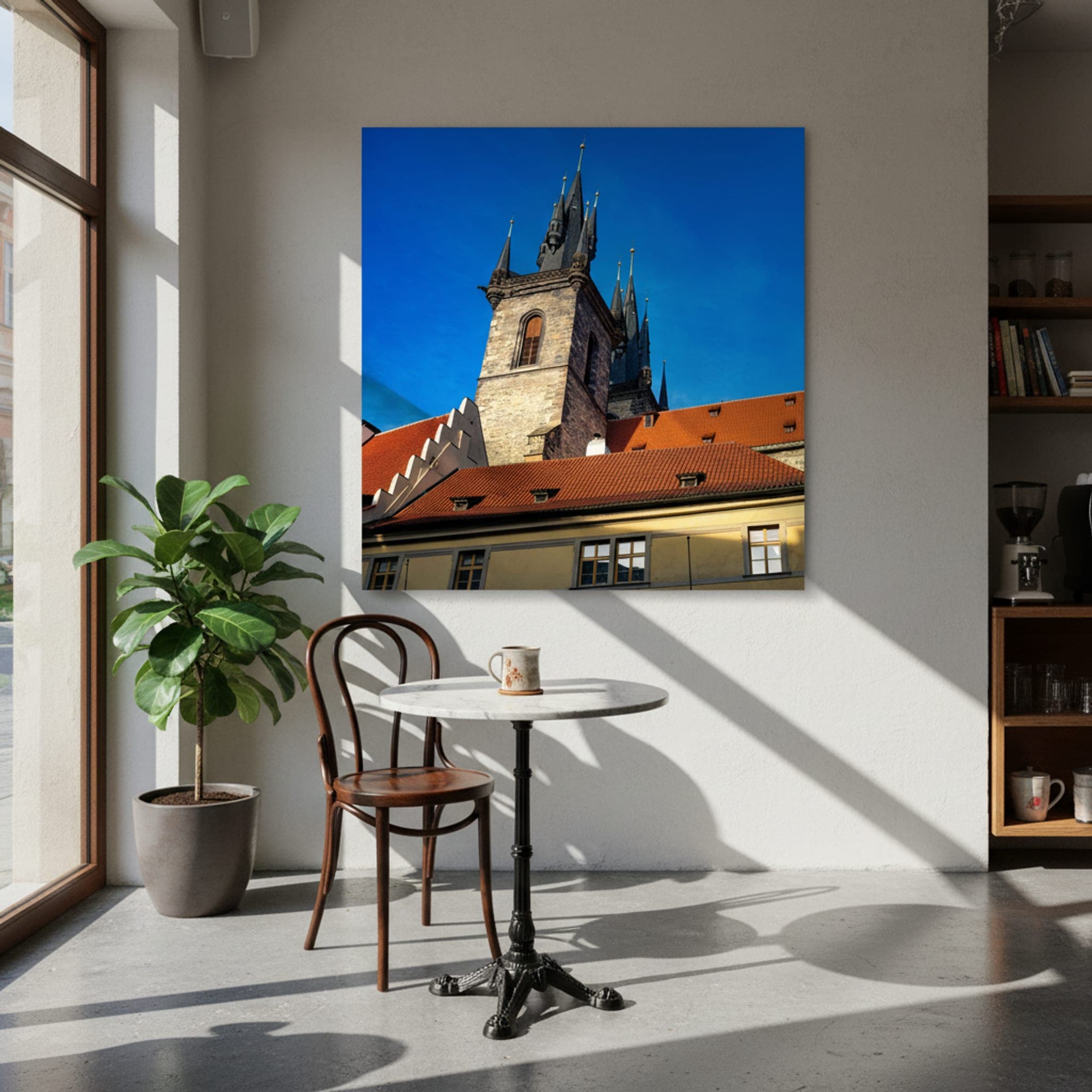Prague Spires, Timeless Skies shown as a canvas print in a styled interior, view 2 of 3