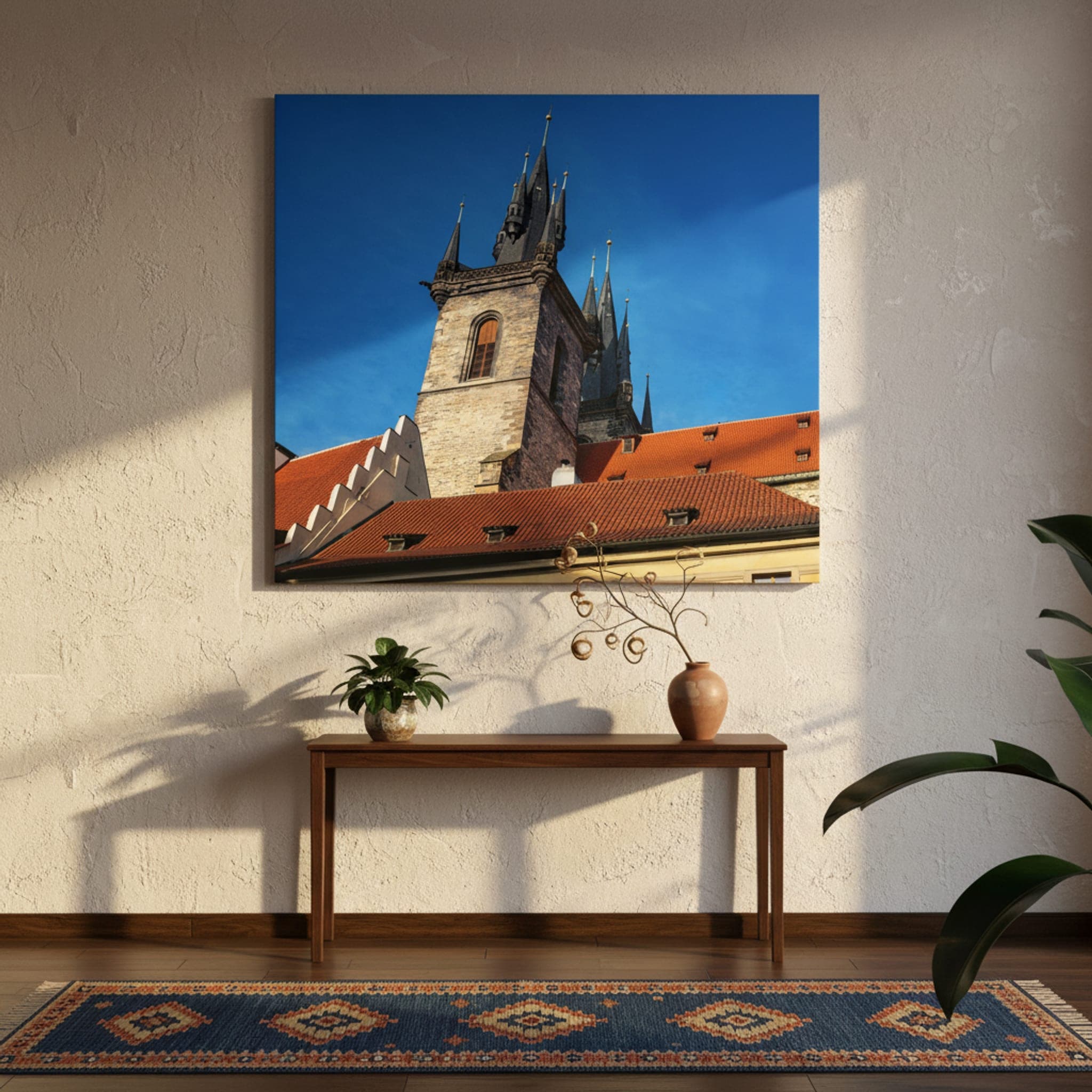Prague Spires, Timeless Skies shown as a canvas print in a styled interior, view 1 of 3