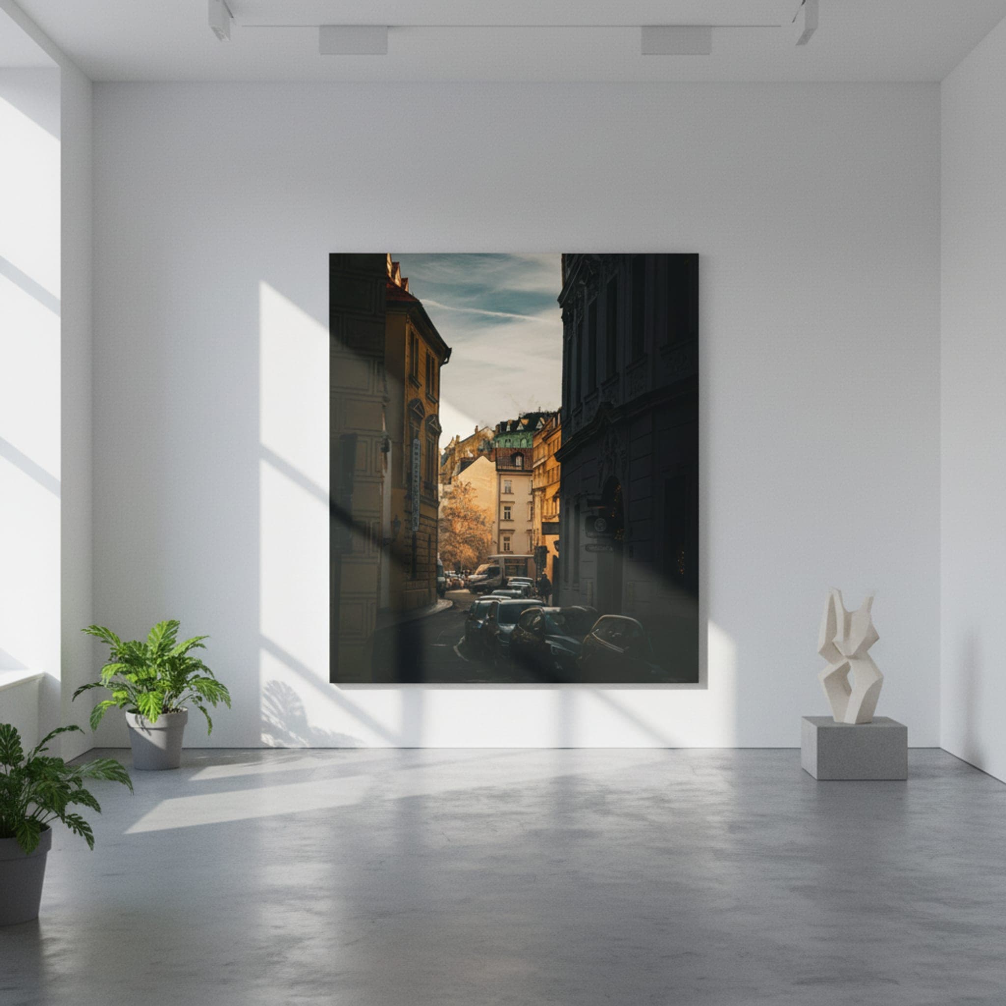 Prague's Golden Hour Alley shown as a canvas print in a styled interior, view 2 of 3