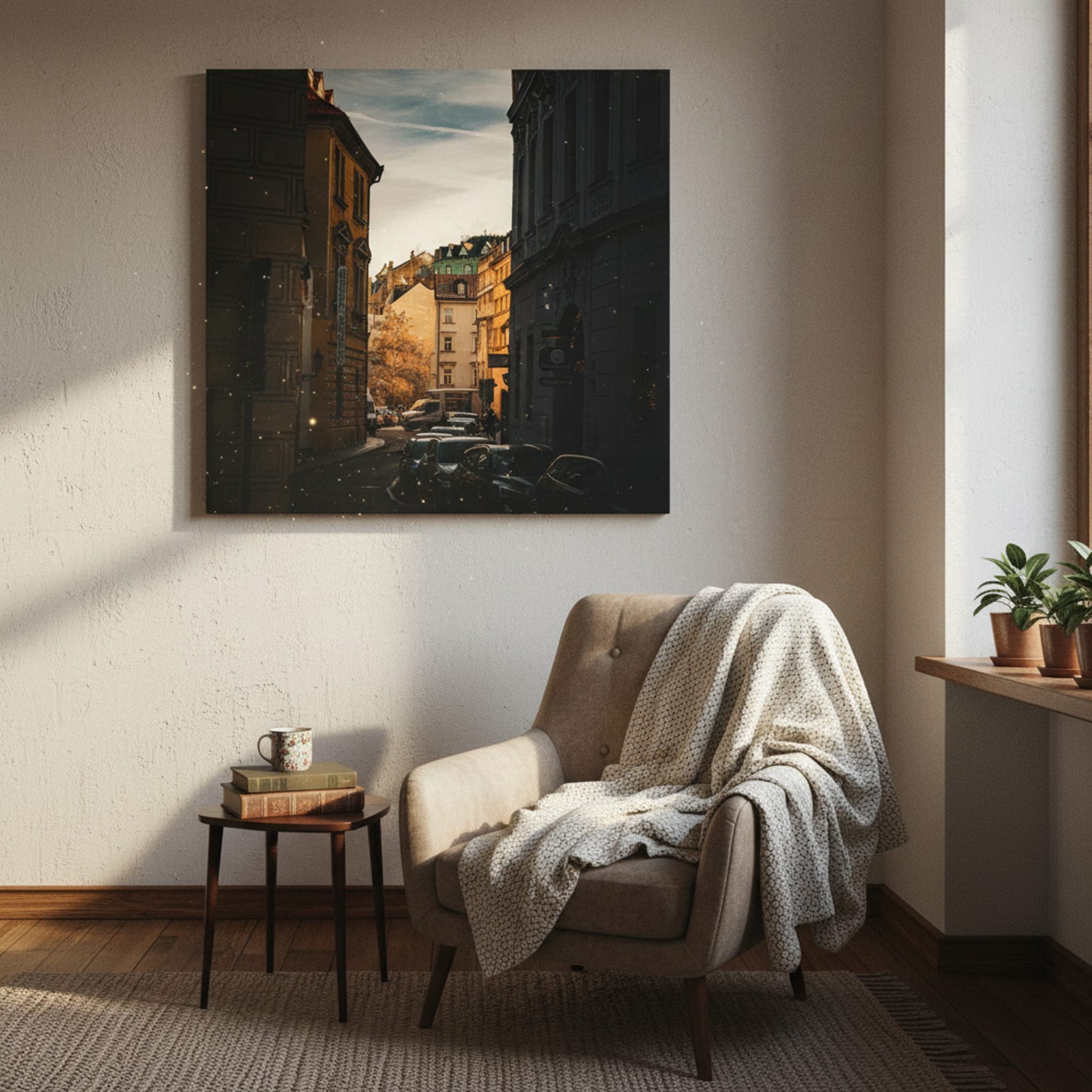 Prague's Golden Hour Alley shown as a canvas print in a styled interior, view 1 of 3