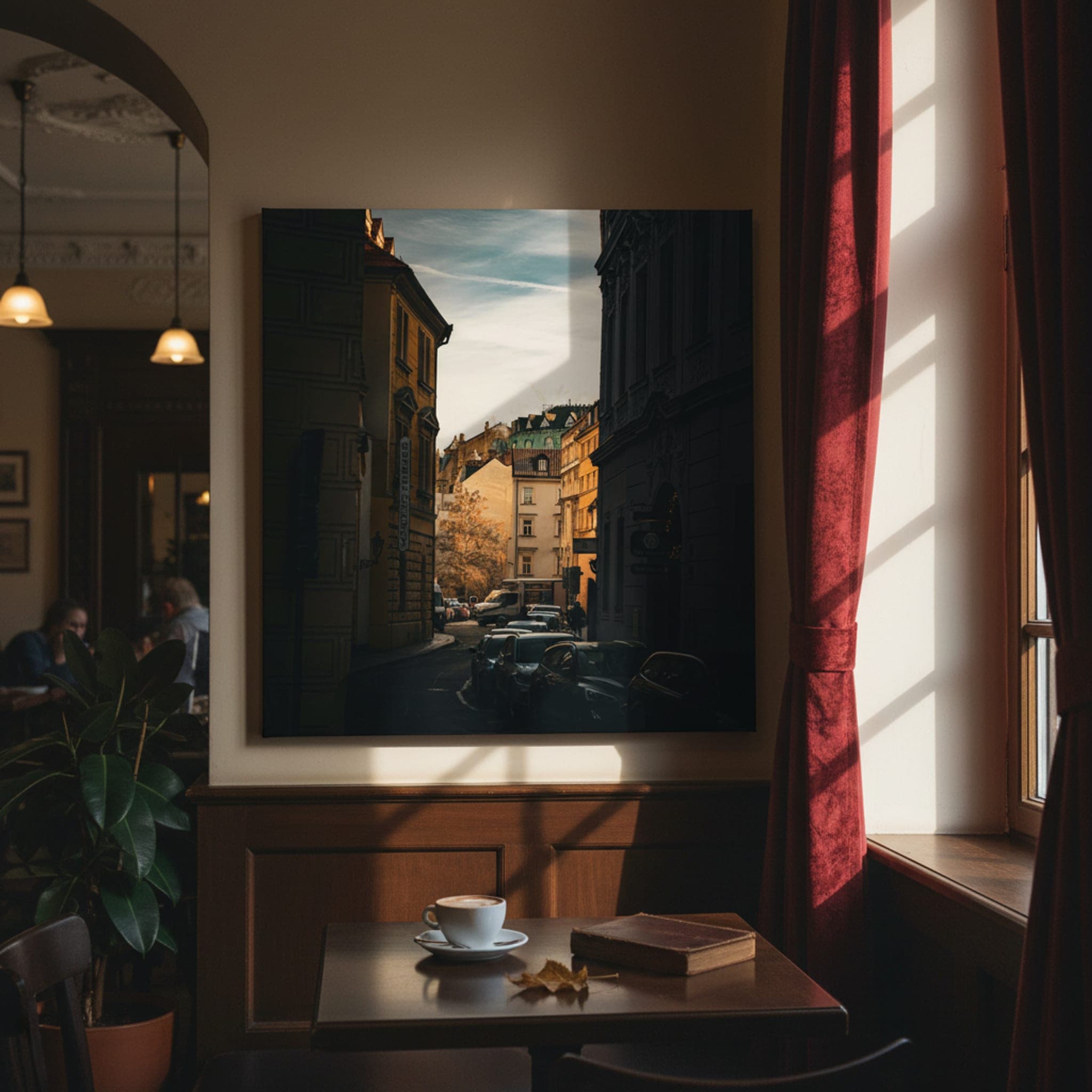 Prague's Golden Hour Alley shown as a canvas print in a styled interior, view 3 of 3