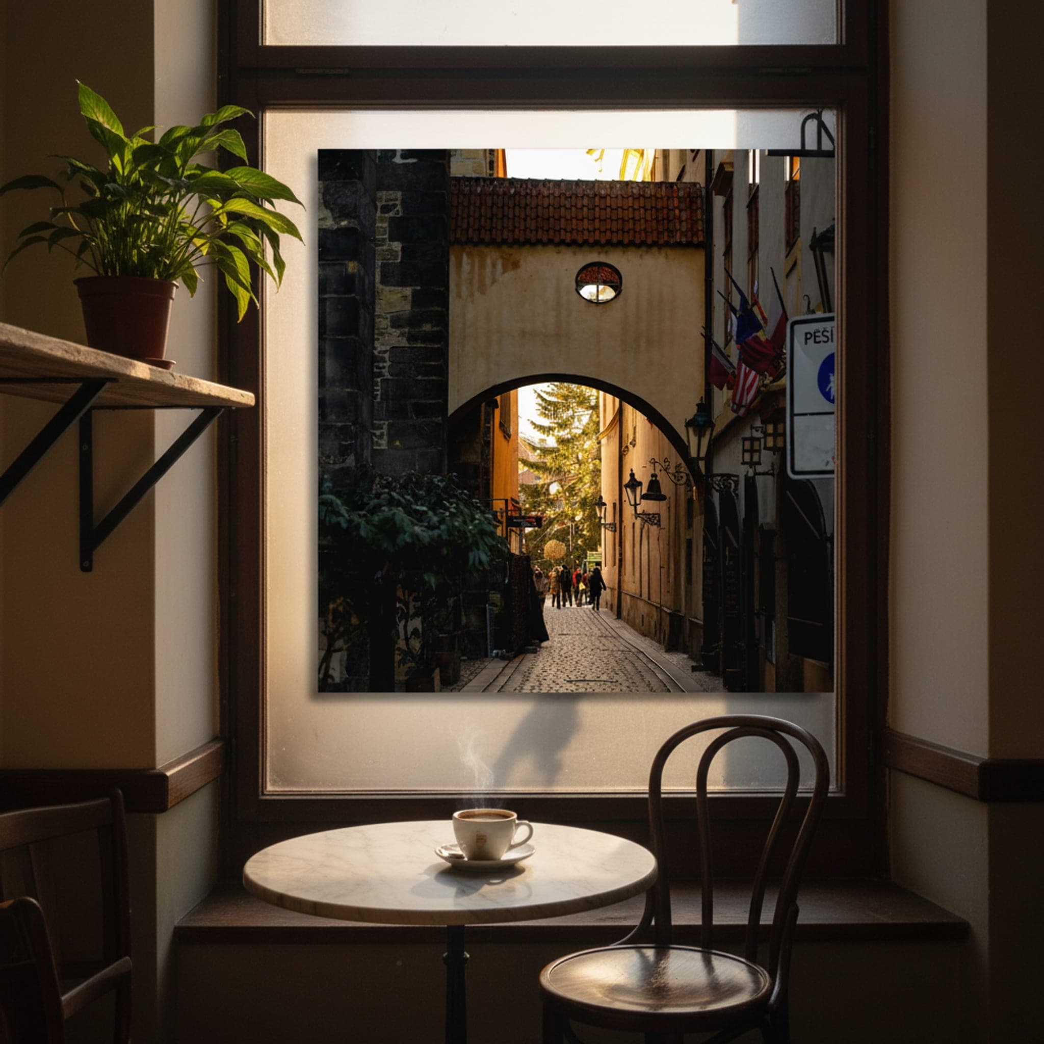 Prague Christmas Archway shown as a canvas print in a styled interior, view 1 of 3