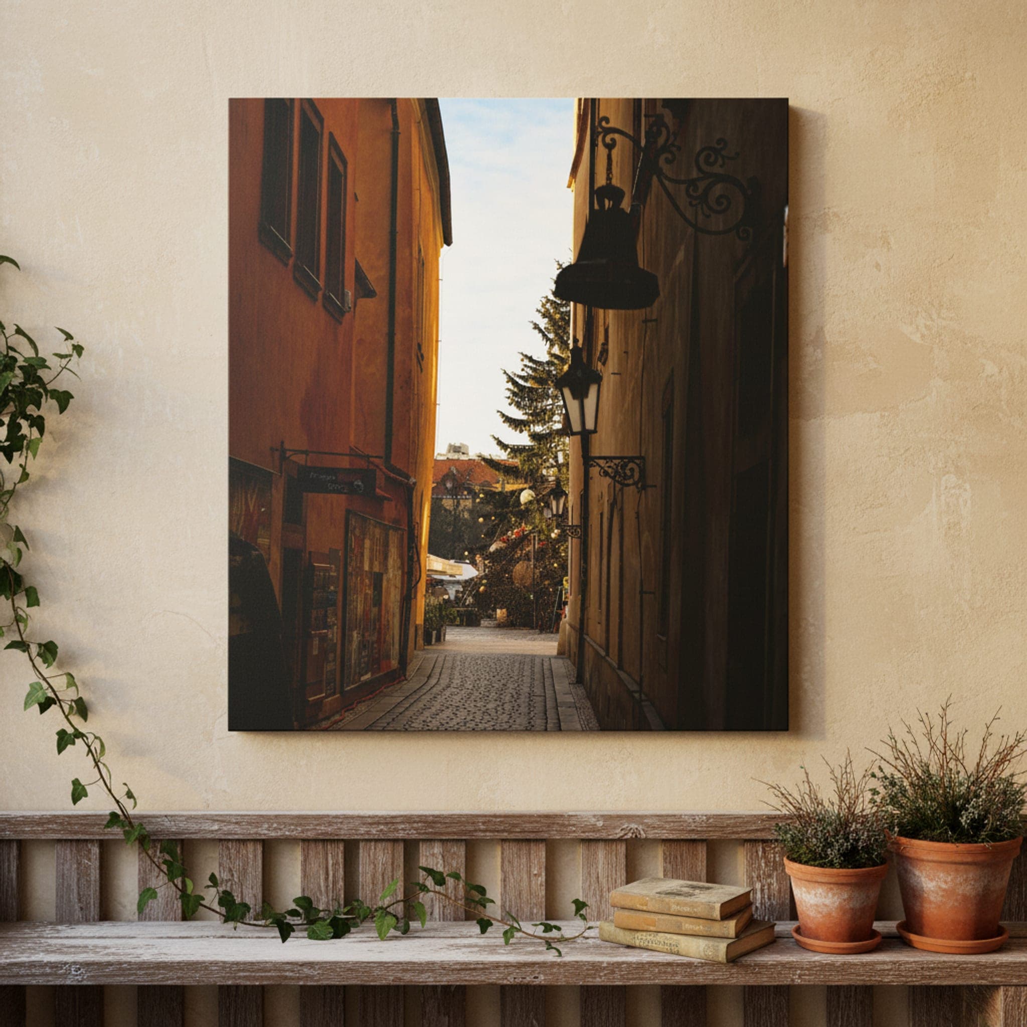 Prague Christmas Alley shown as a canvas print in a styled interior, view 2 of 3