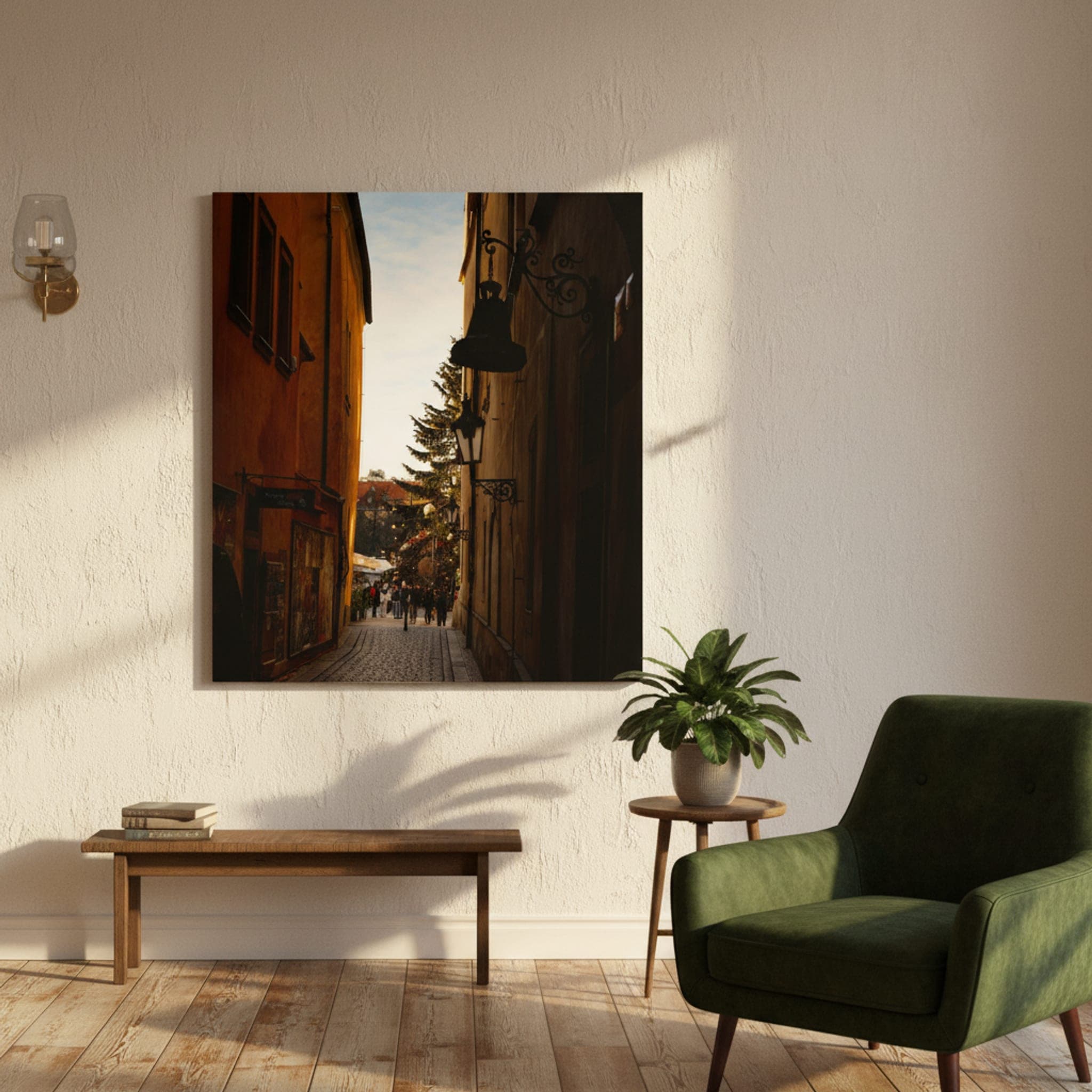 Prague Christmas Alley shown as a canvas print in a styled interior, view 1 of 3
