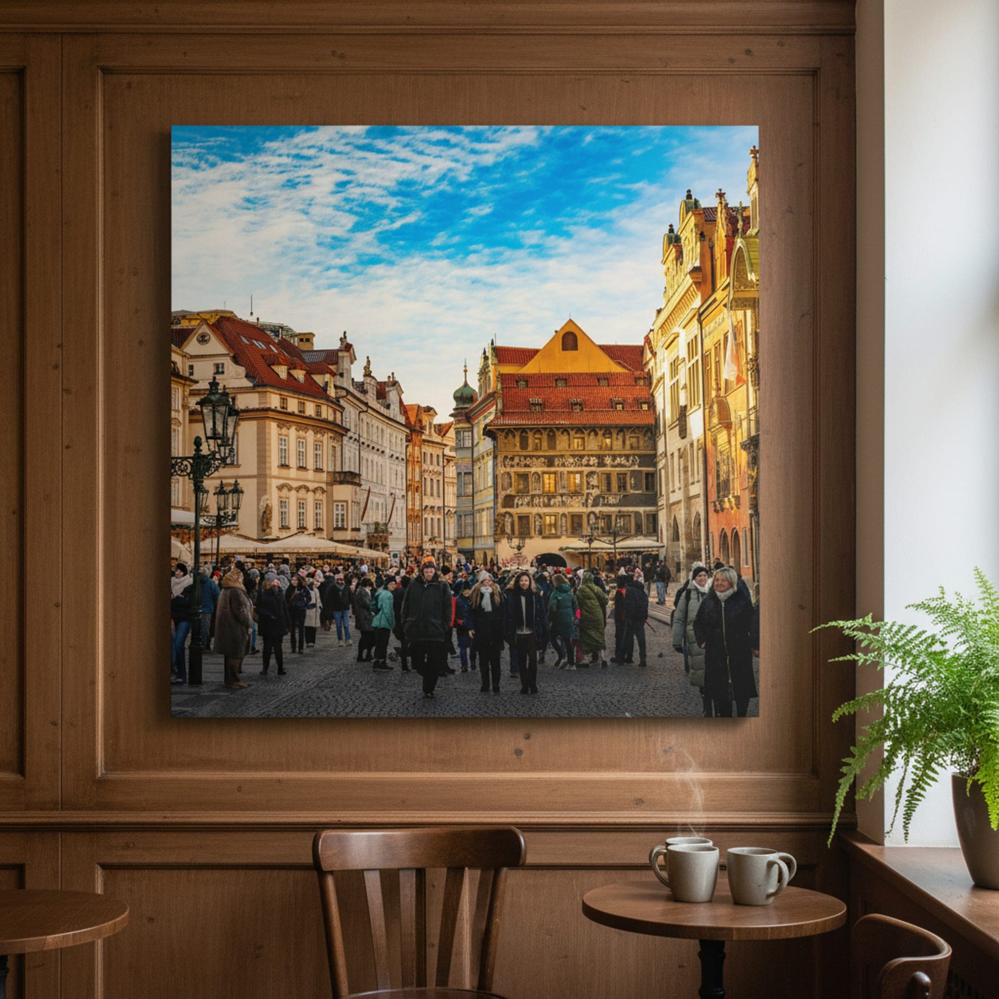 Prague's Golden Hour Square shown as a canvas print in a styled interior, view 3 of 3