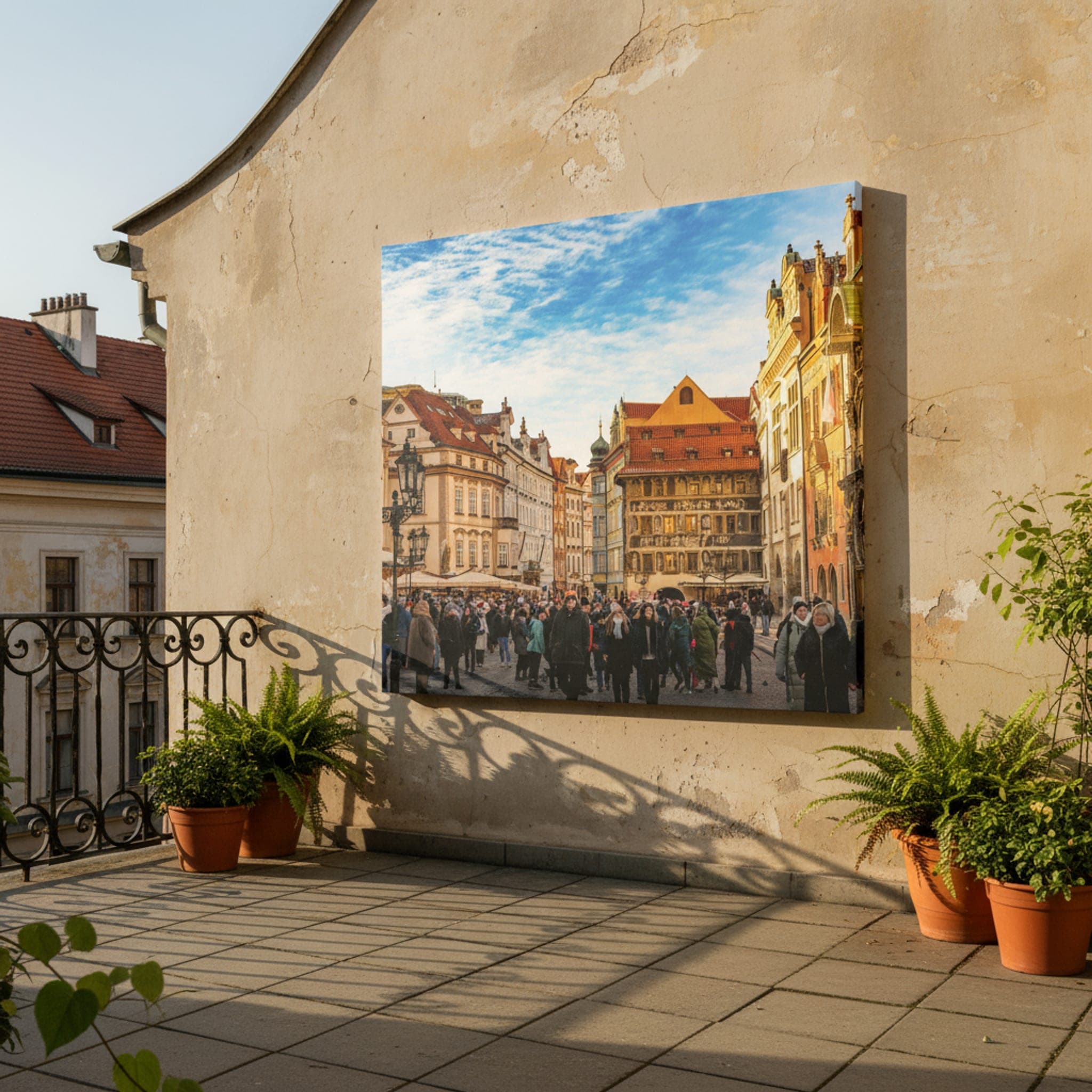Prague's Golden Hour Square shown as a canvas print in a styled interior, view 2 of 3