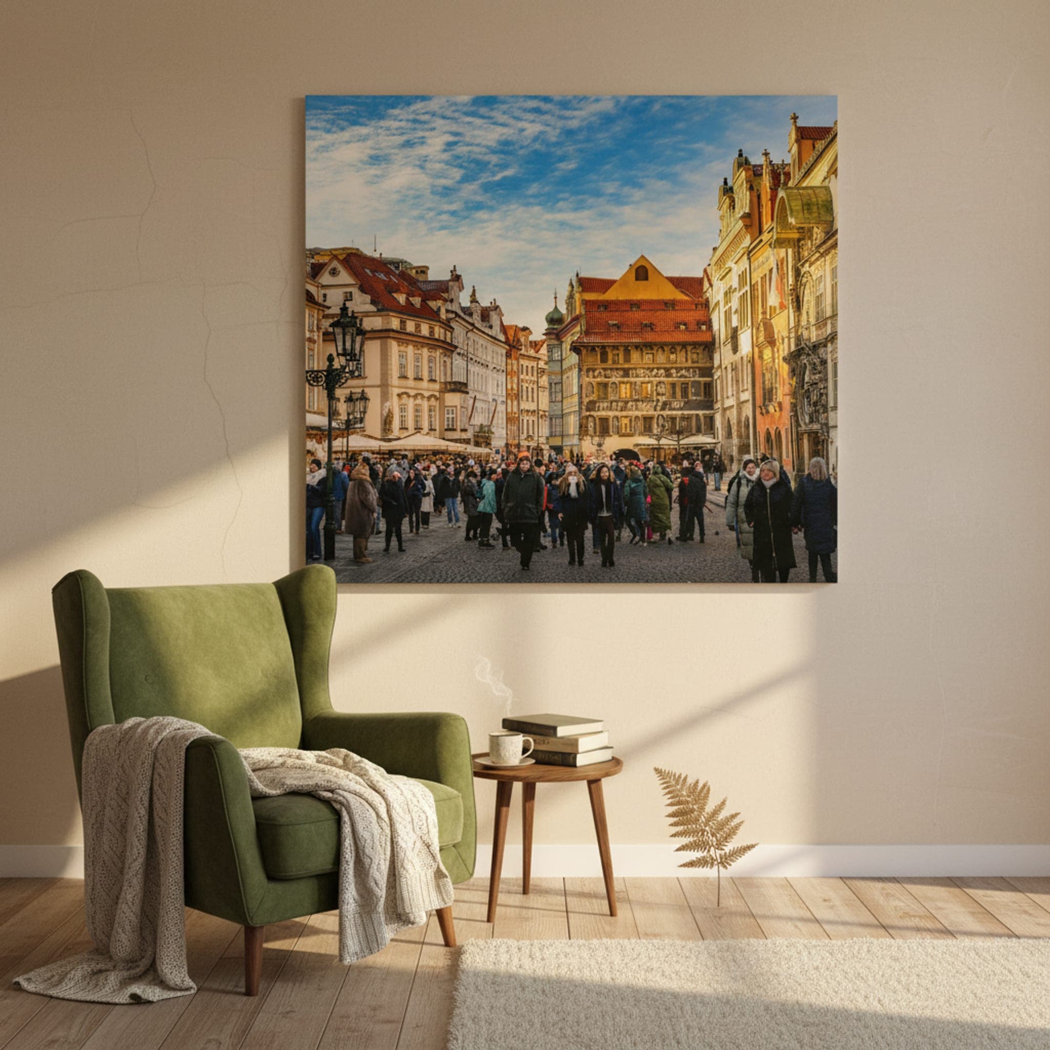 Prague's Golden Hour Square shown as a canvas print in a styled interior, view 1 of 3