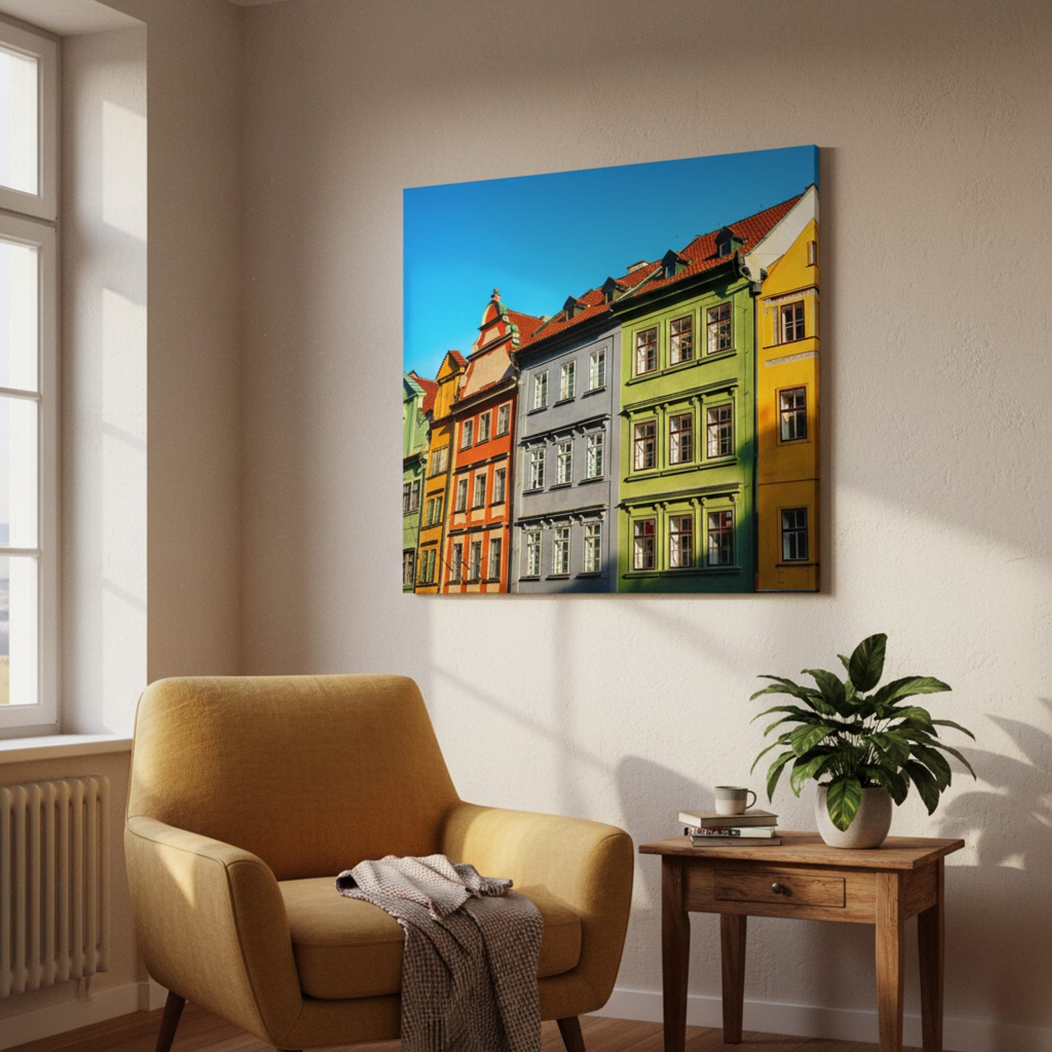Prague's Painted Facades shown as a canvas print in a styled interior, view 1 of 3