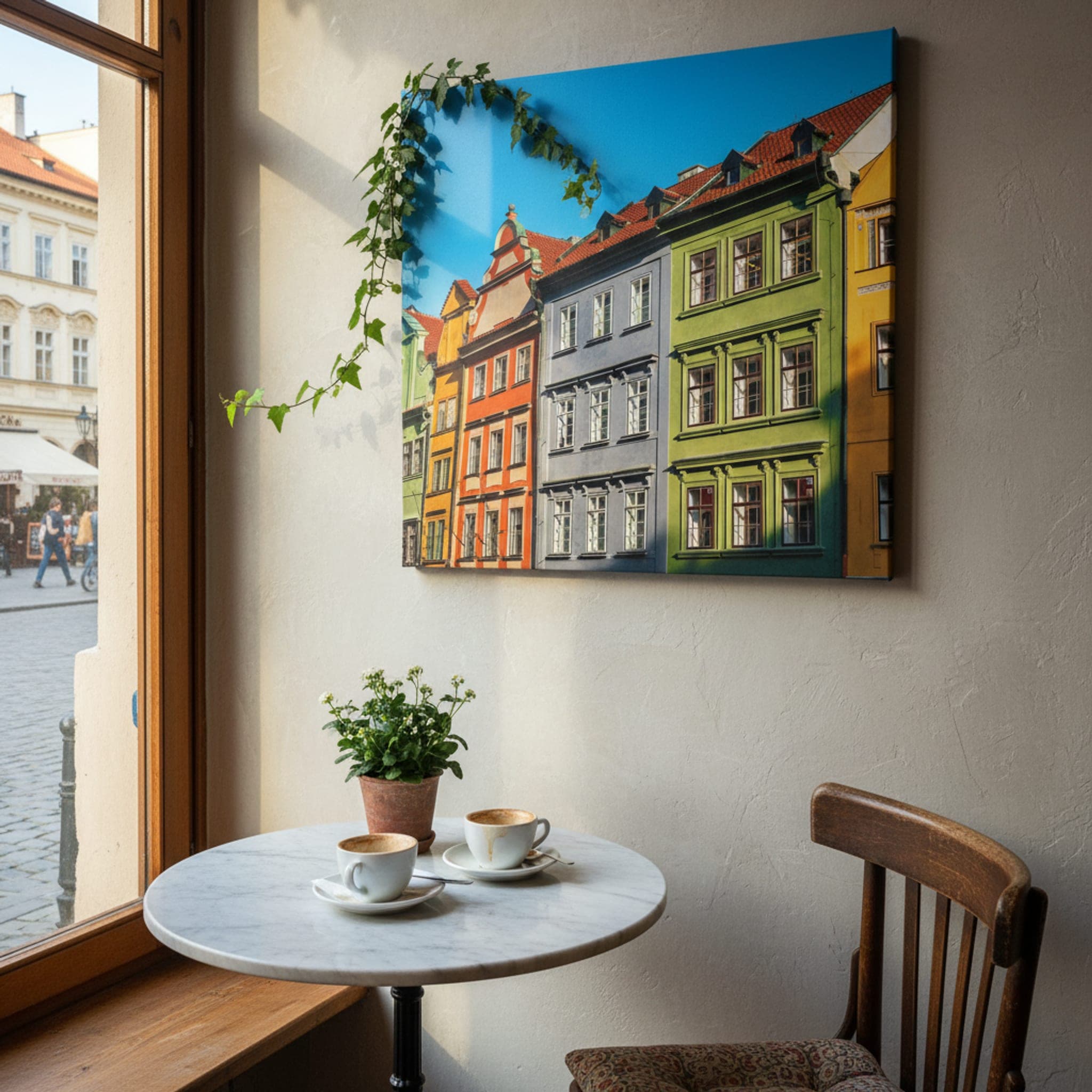 Prague's Painted Facades shown as a canvas print in a styled interior, view 3 of 3