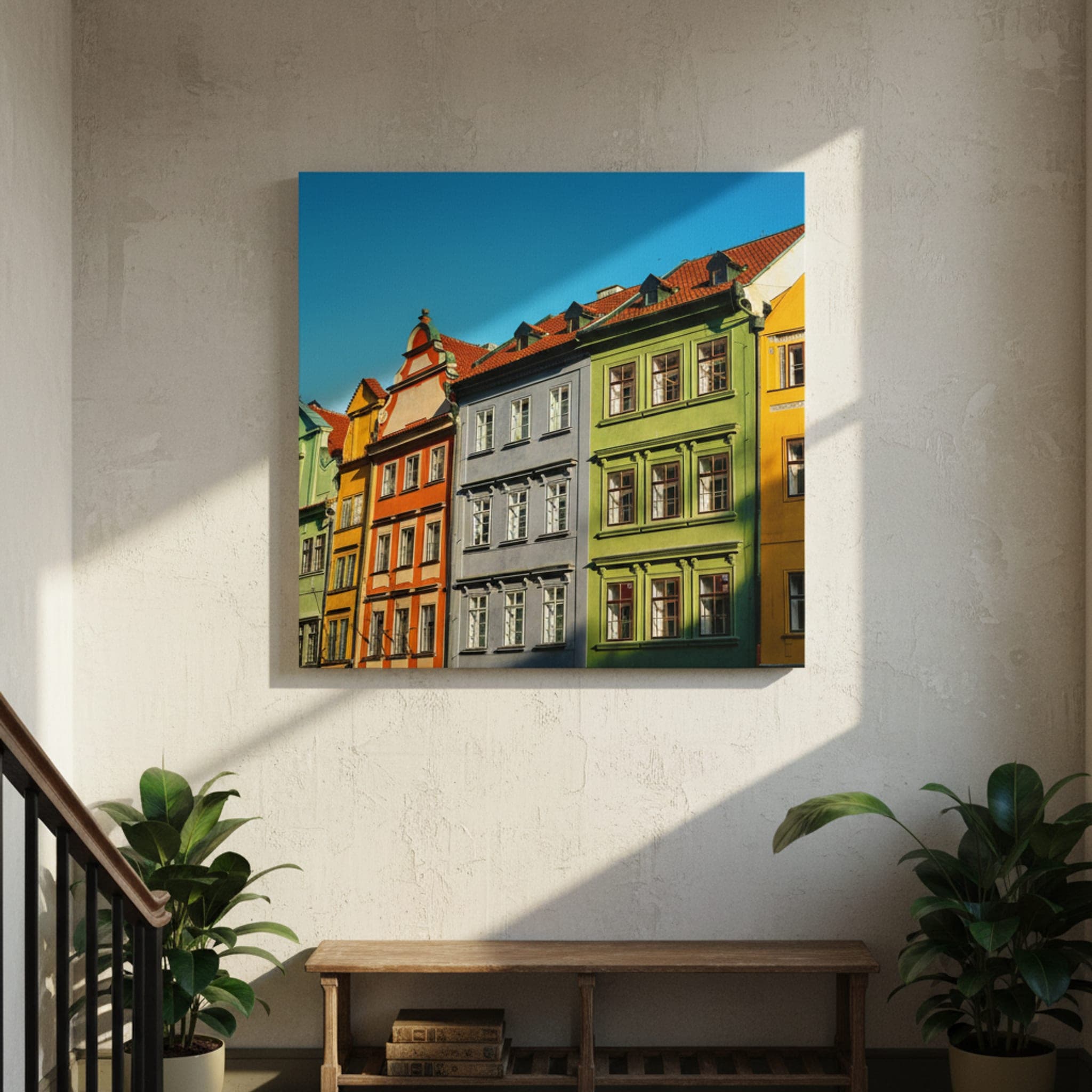 Prague's Painted Facades shown as a canvas print in a styled interior, view 2 of 3