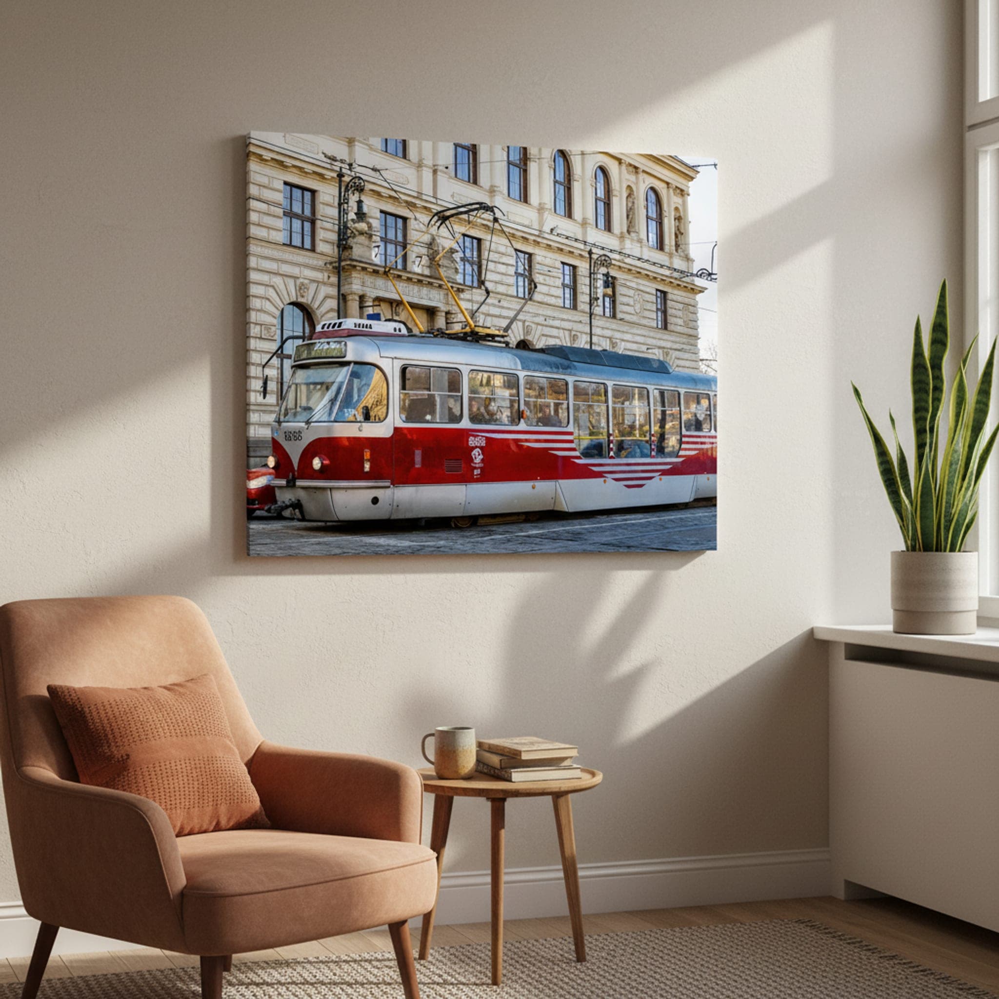 Prague Tram Passage shown as a canvas print in a styled interior, view 1 of 3