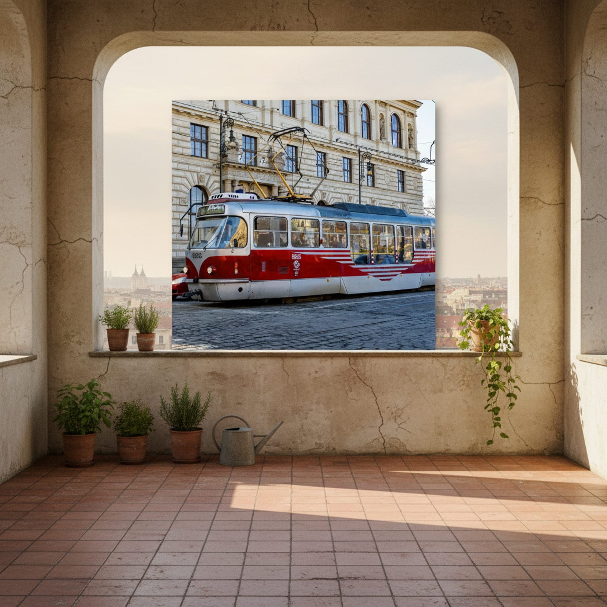 Prague Tram Passage shown as a canvas print in a styled interior, view 2 of 3