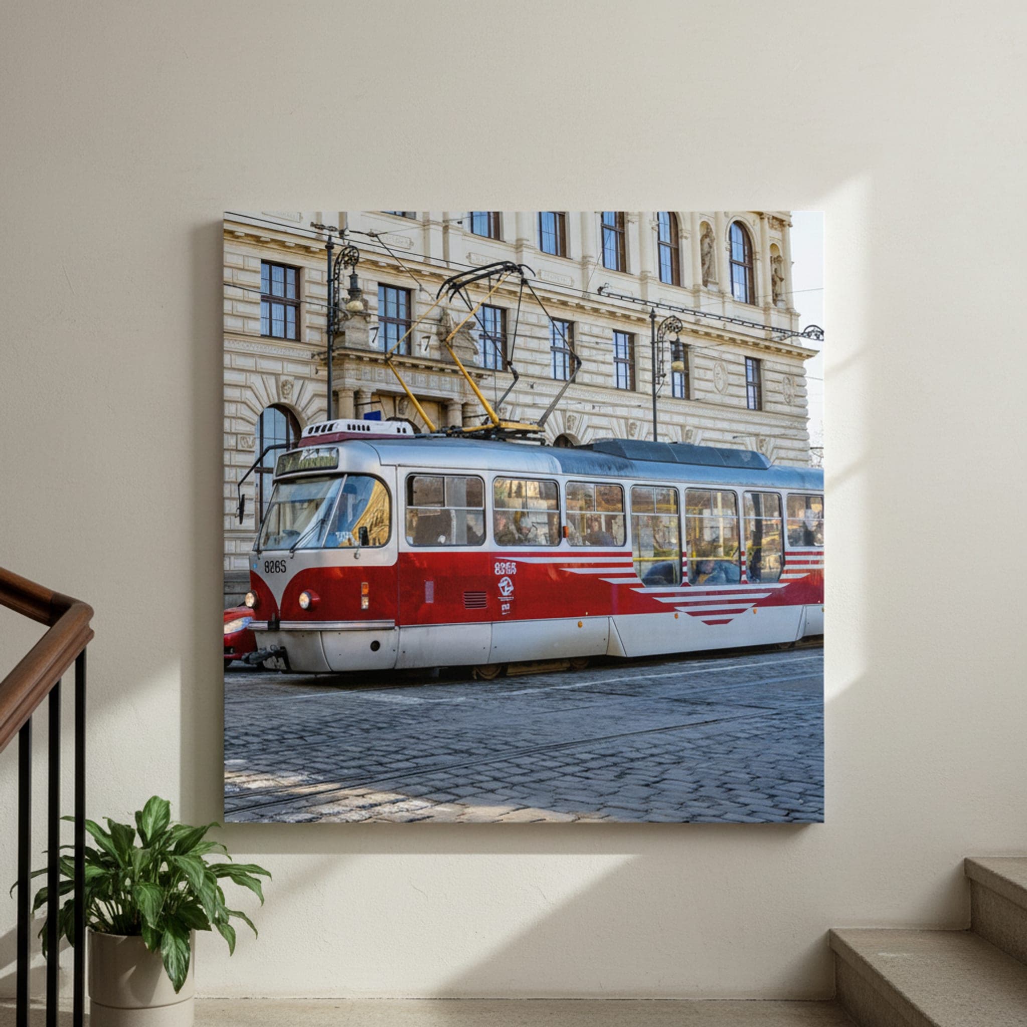 Prague Tram Passage shown as a canvas print in a styled interior, view 3 of 3