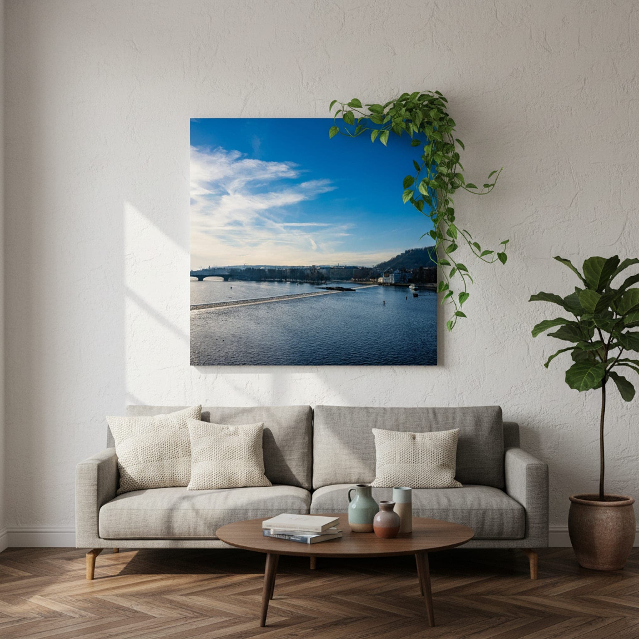 Prague River Serenity shown as a canvas print in a styled interior, view 1 of 3