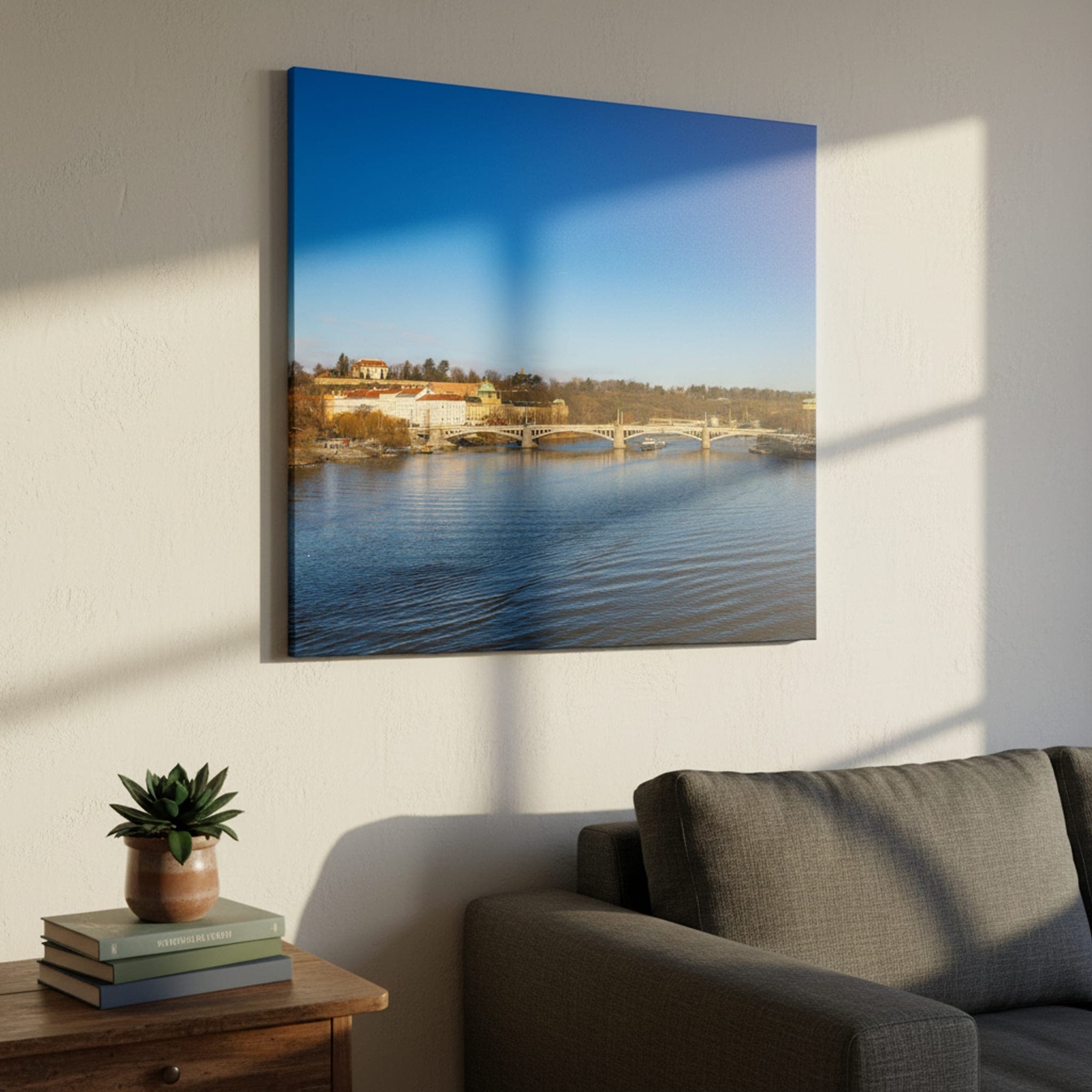 Prague's Winter River shown as a canvas print in a styled interior, view 1 of 3