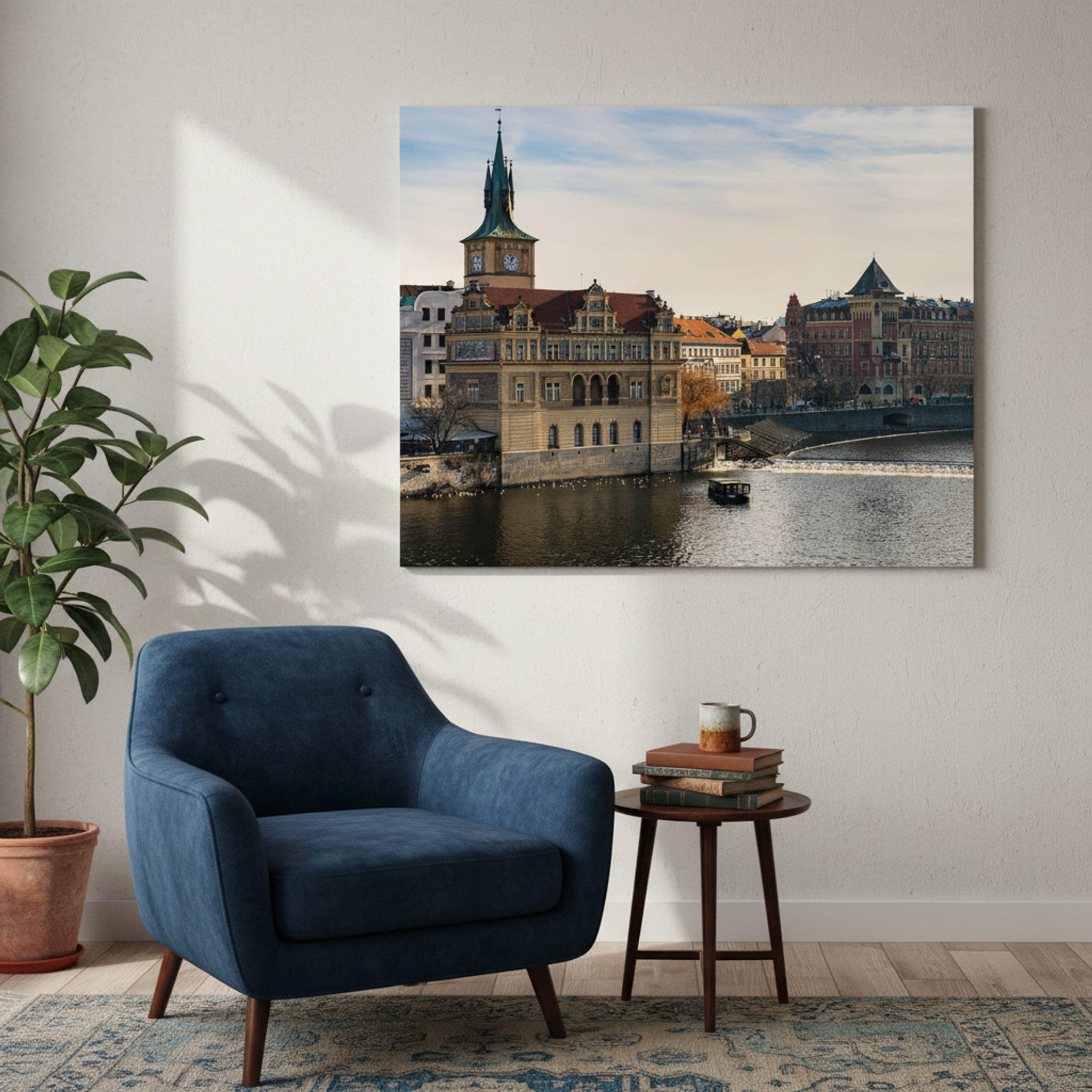 Prague River Serenity shown as a canvas print in a styled interior, view 1 of 3