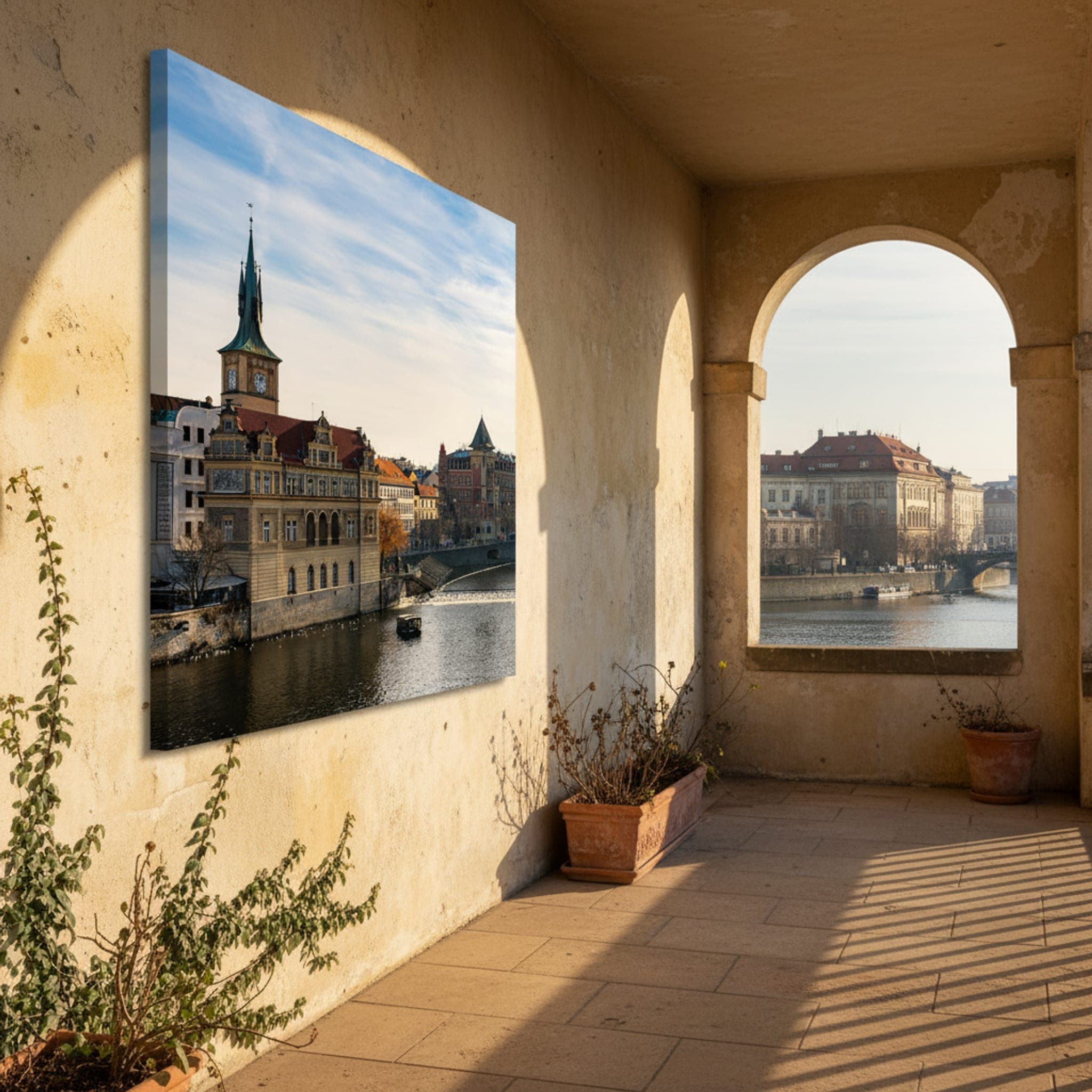 Prague River Serenity shown as a canvas print in a styled interior, view 2 of 3