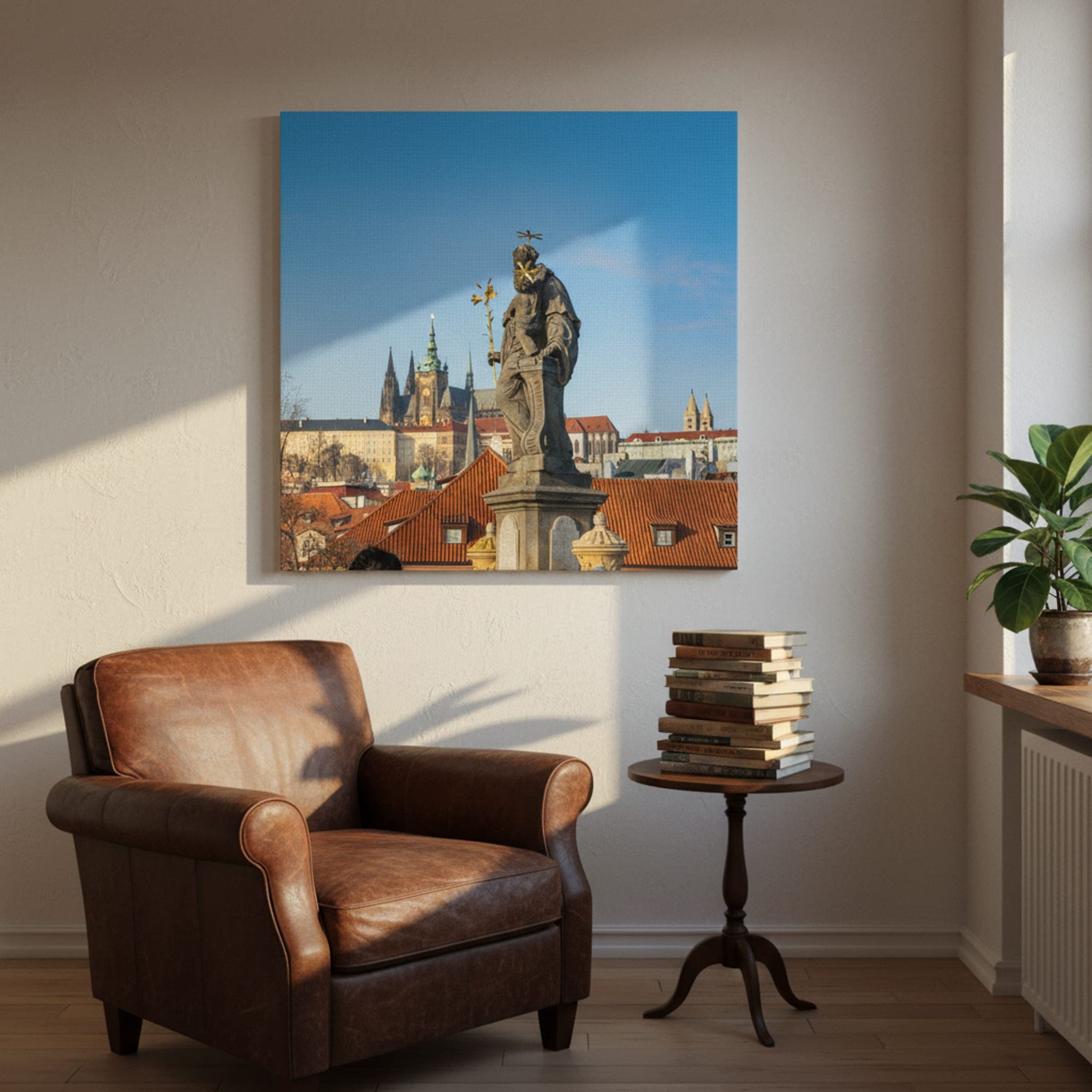 Prague Castle from Charles Bridge shown as a canvas print in a styled interior, view 1 of 3