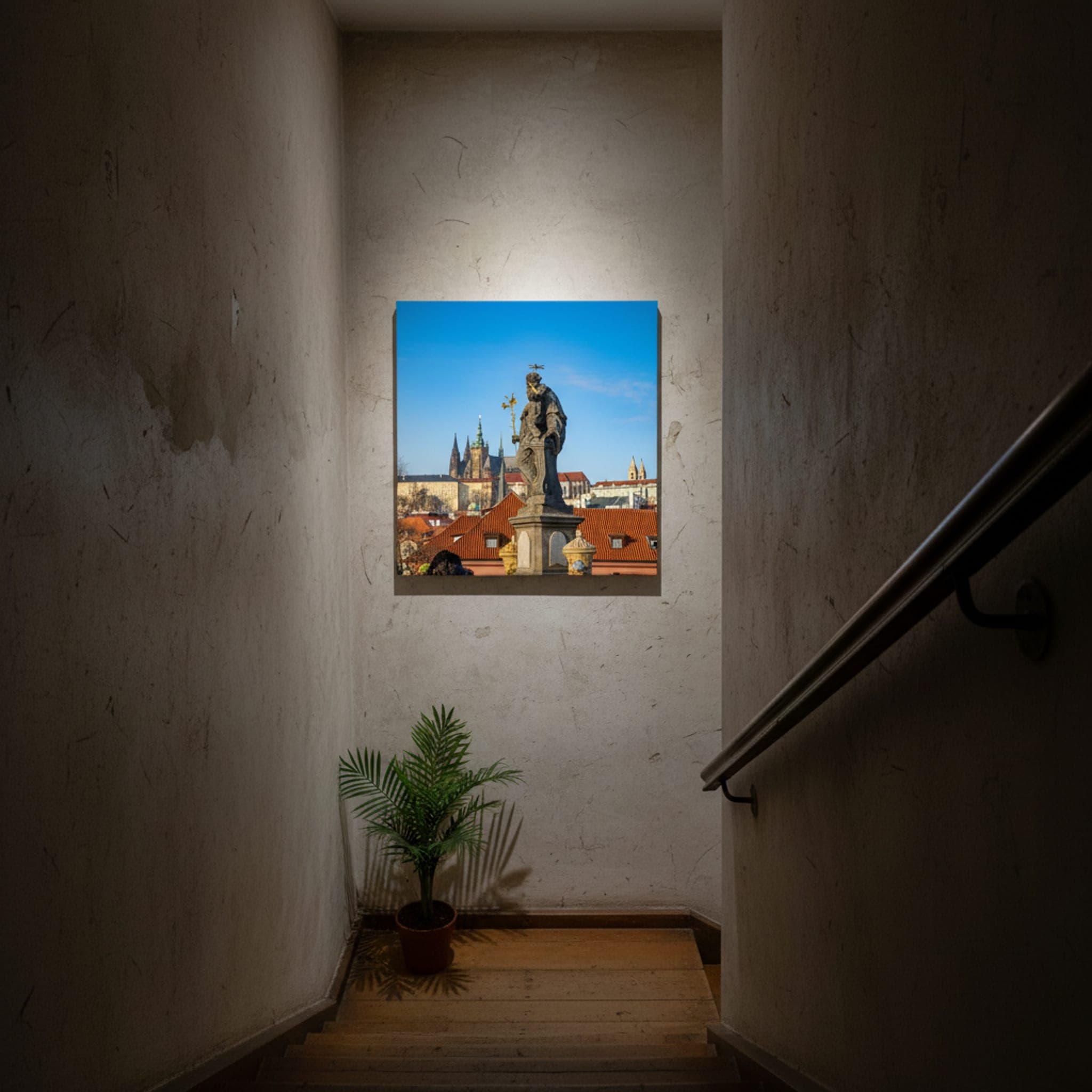 Prague Castle from Charles Bridge shown as a canvas print in a styled interior, view 2 of 3