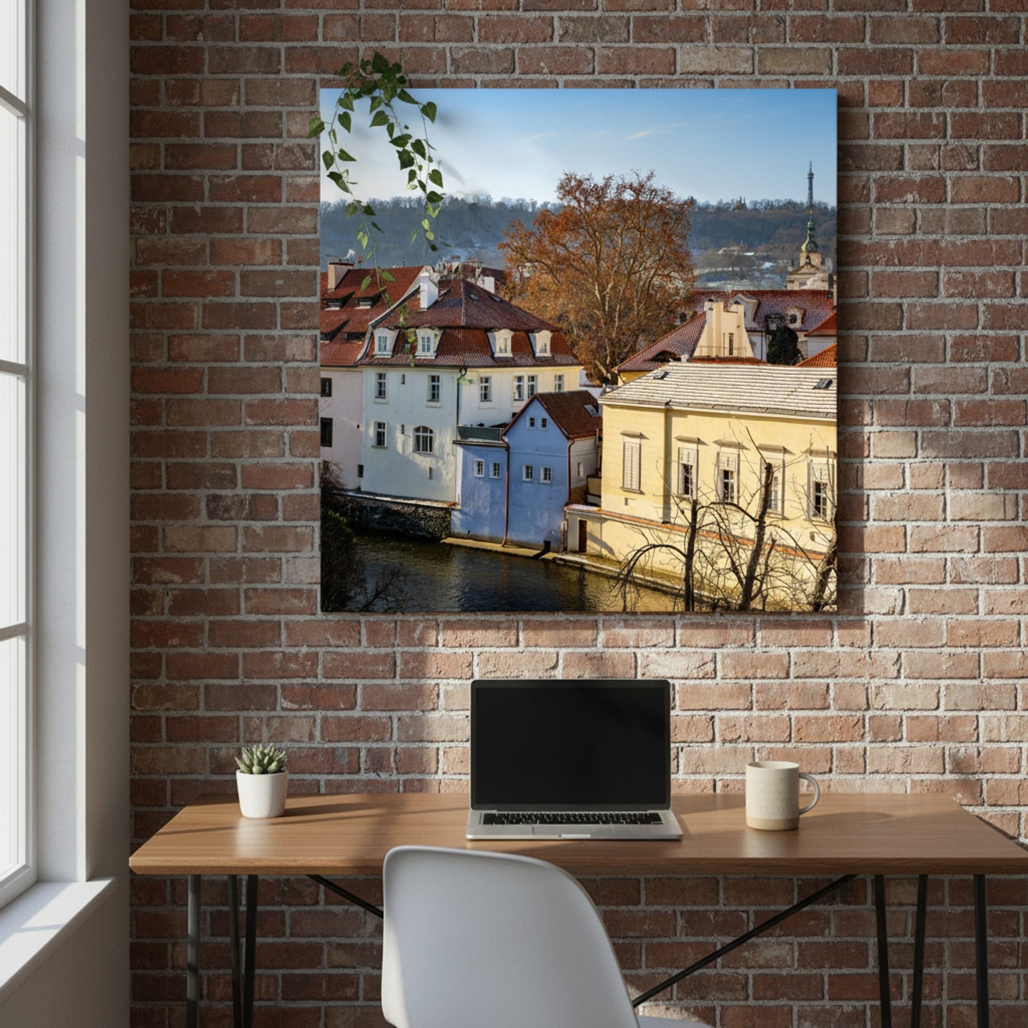 Prague Winter Canal shown as a canvas print in a styled interior, view 3 of 3