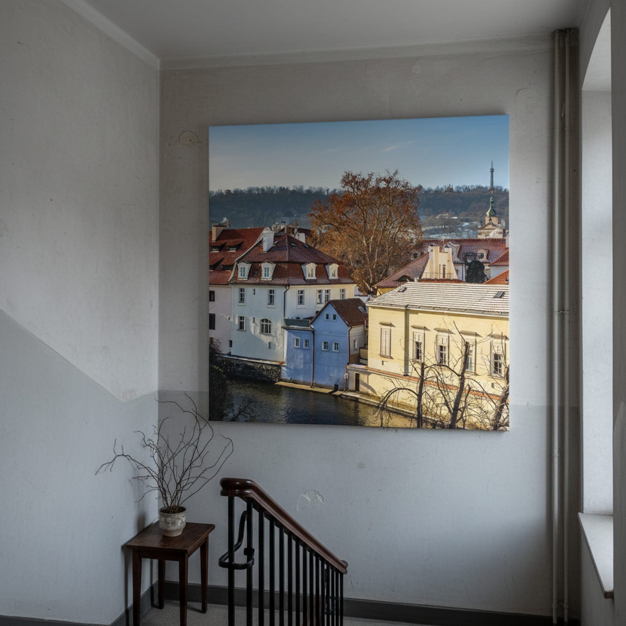 Prague Winter Canal shown as a canvas print in a styled interior, view 2 of 3