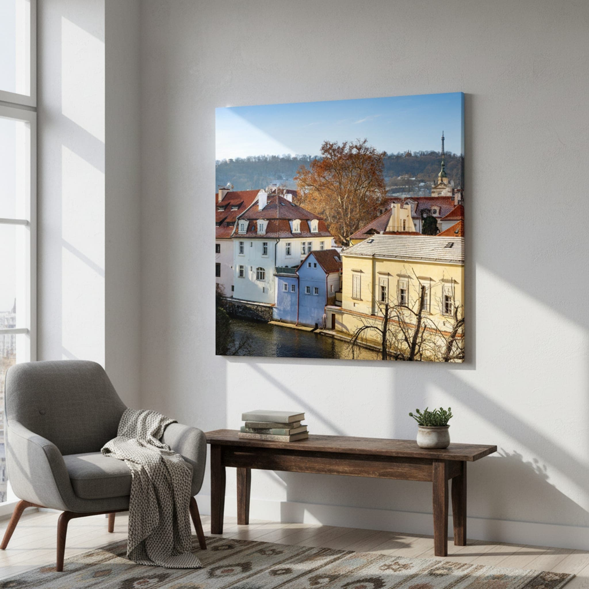 Prague Winter Canal shown as a canvas print in a styled interior, view 1 of 3