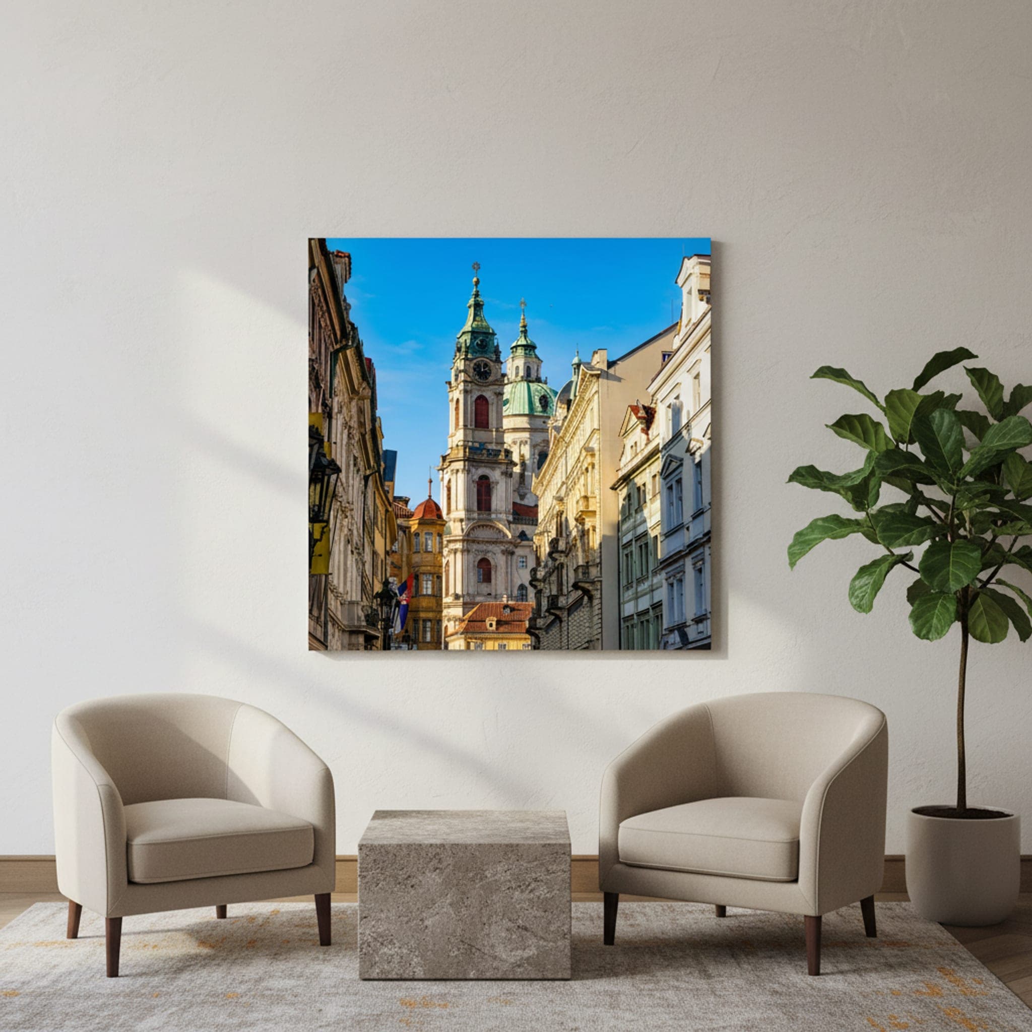 Prague's Sunlit Ascent shown as a canvas print in a styled interior, view 2 of 3