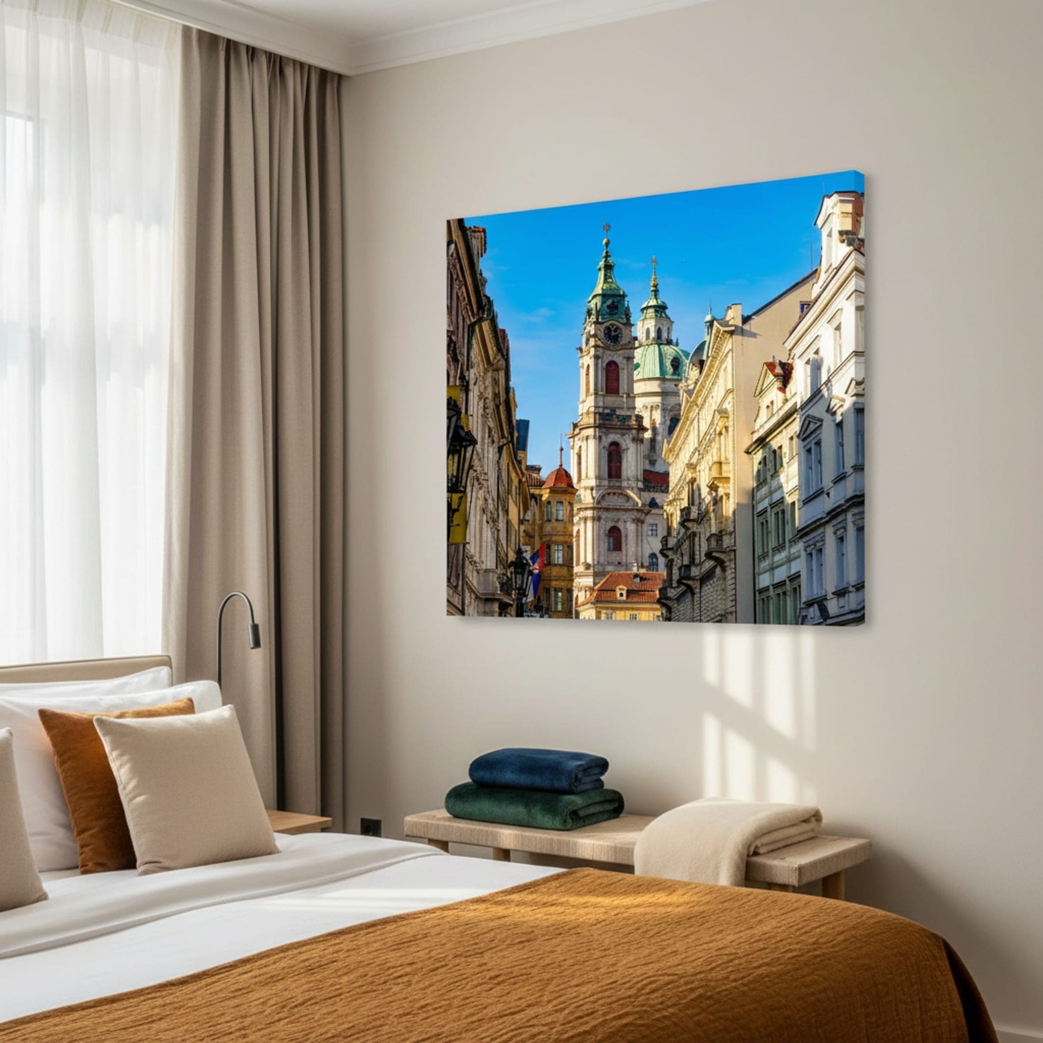 Prague's Sunlit Ascent shown as a canvas print in a styled interior, view 1 of 3