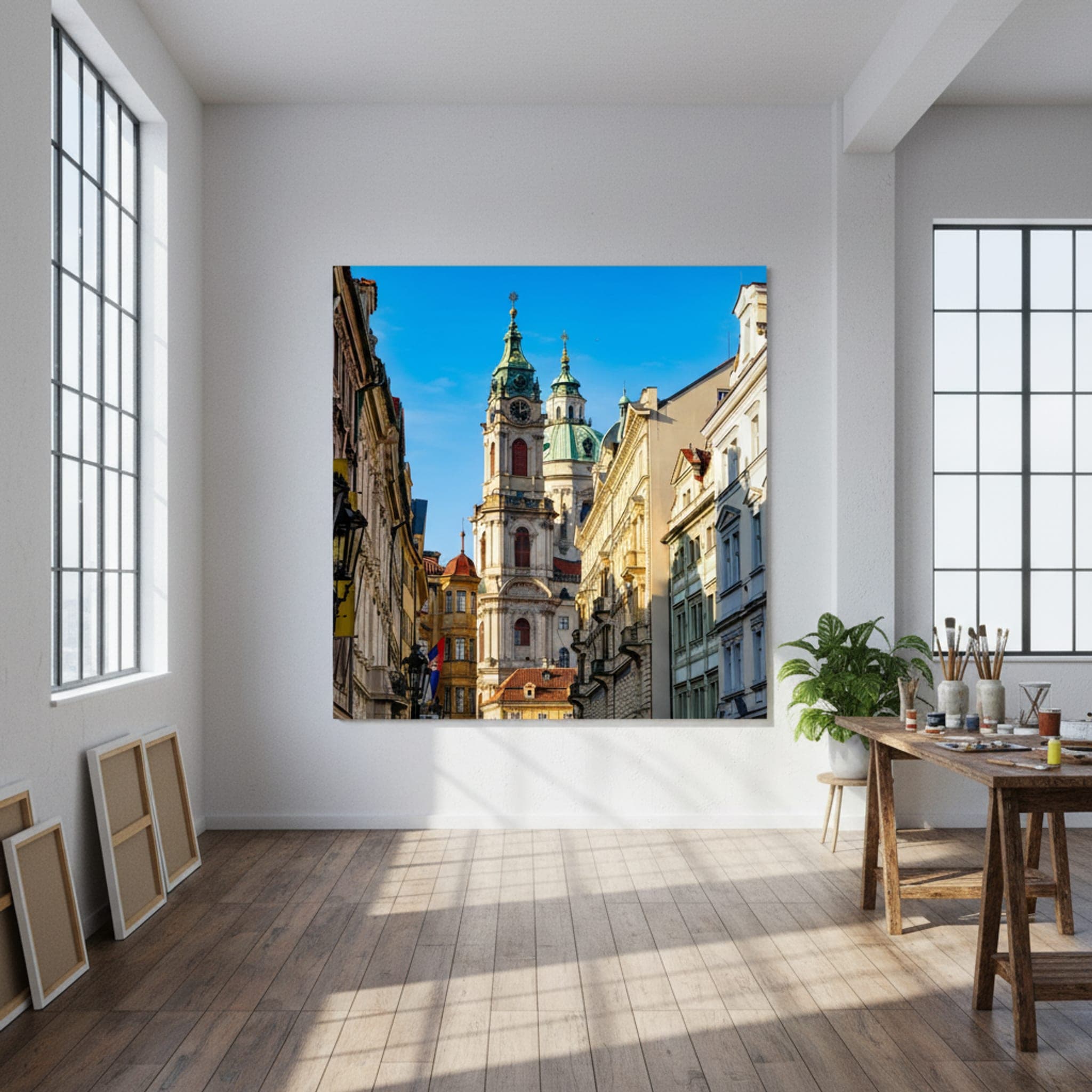 Prague's Sunlit Ascent shown as a canvas print in a styled interior, view 3 of 3