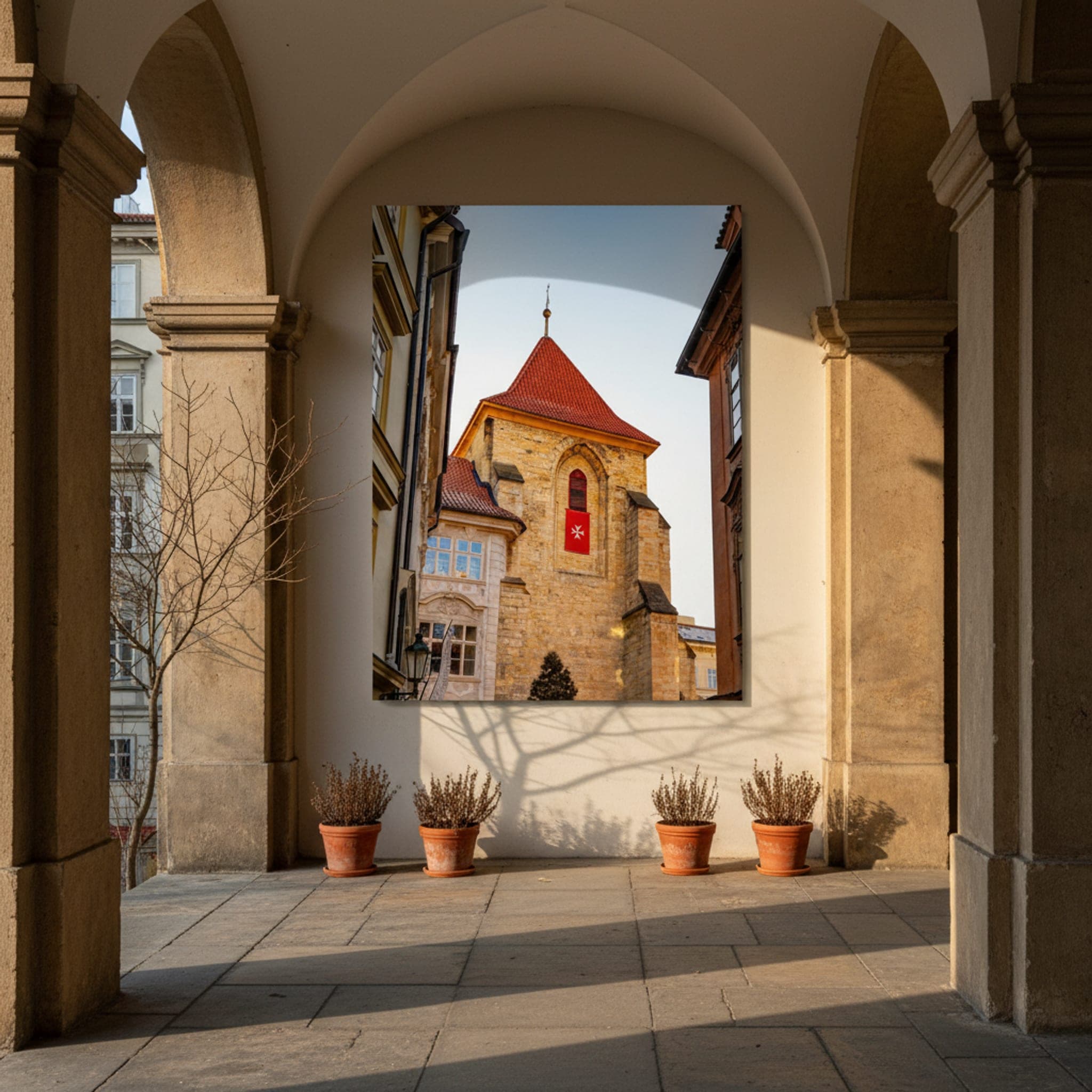 Prague's Crimson Cross shown as a canvas print in a styled interior, view 2 of 3