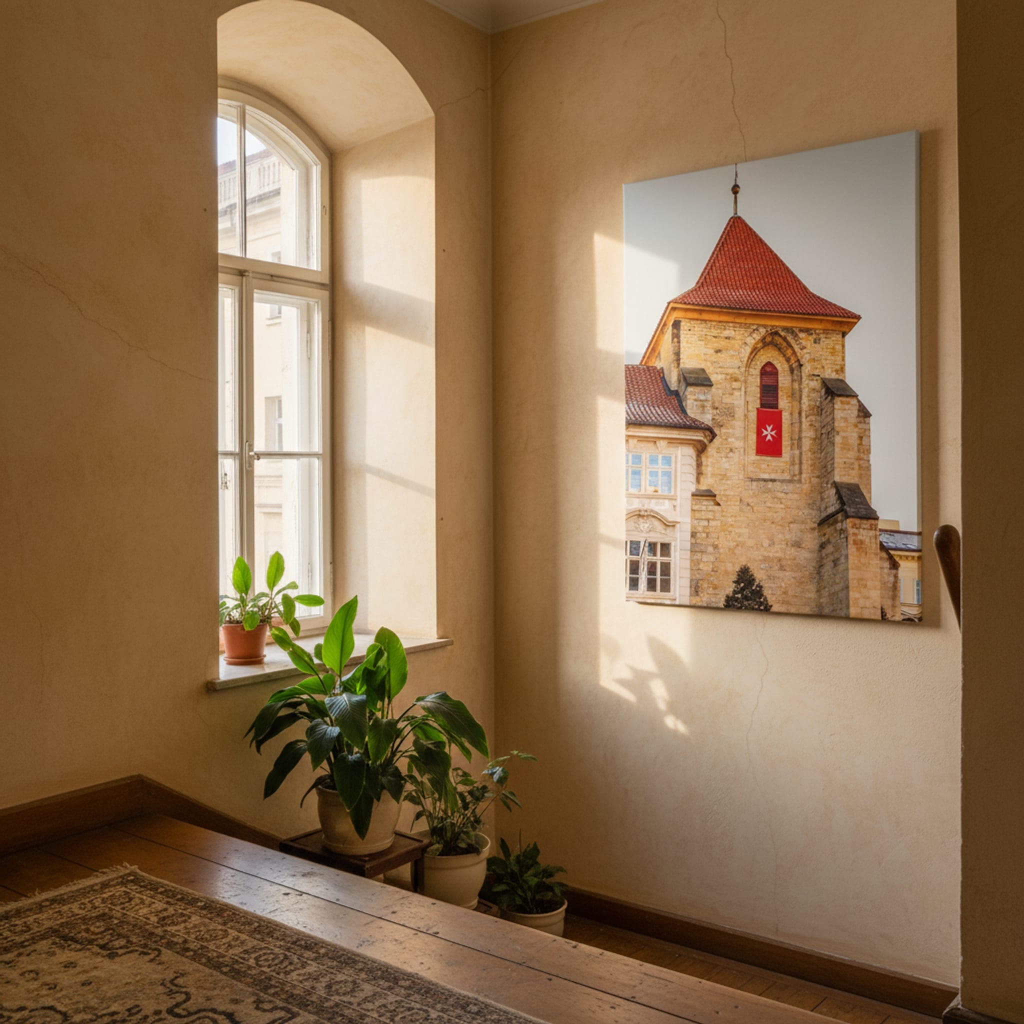 Prague's Crimson Cross shown as a canvas print in a styled interior, view 3 of 3